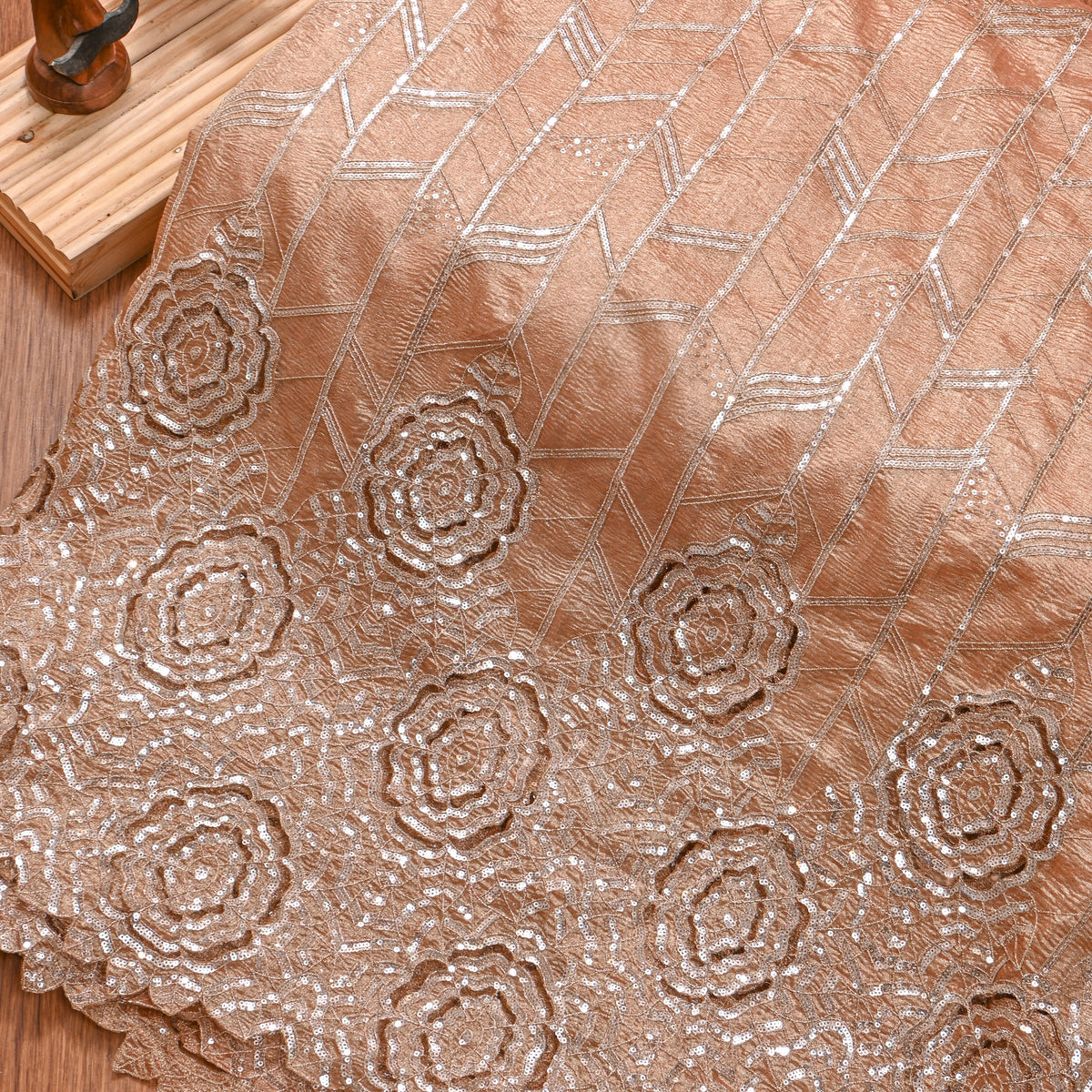 Copper Floral Zari Embroidered Tissue