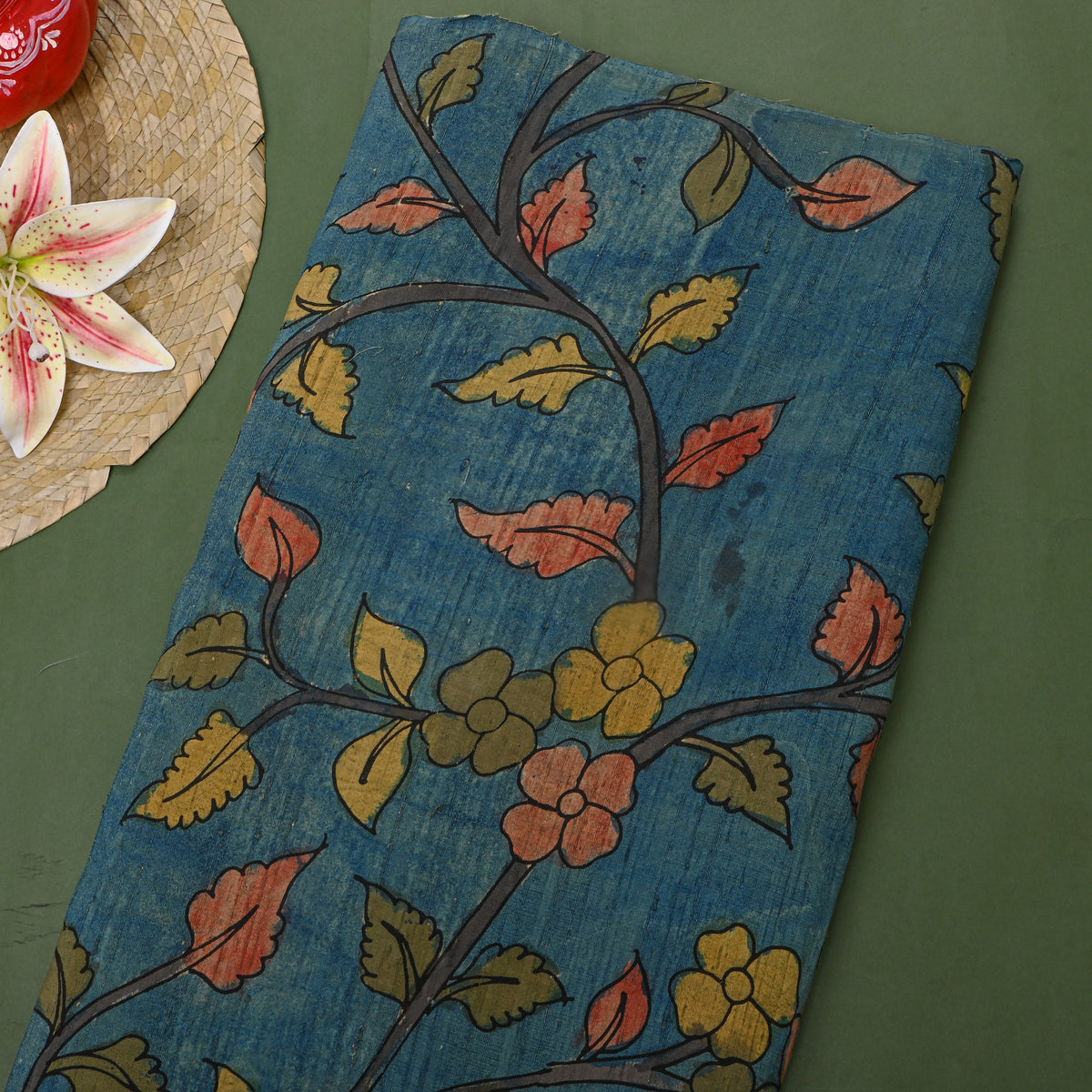 Cobalt Blue Leafy Branch Kalamkari Handloom Silk Fabric