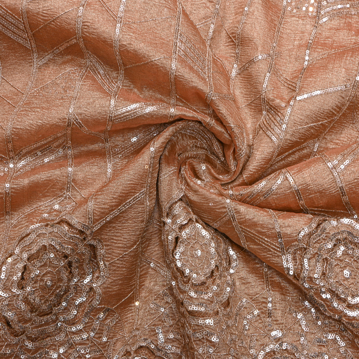 Copper Floral Zari Embroidered Tissue