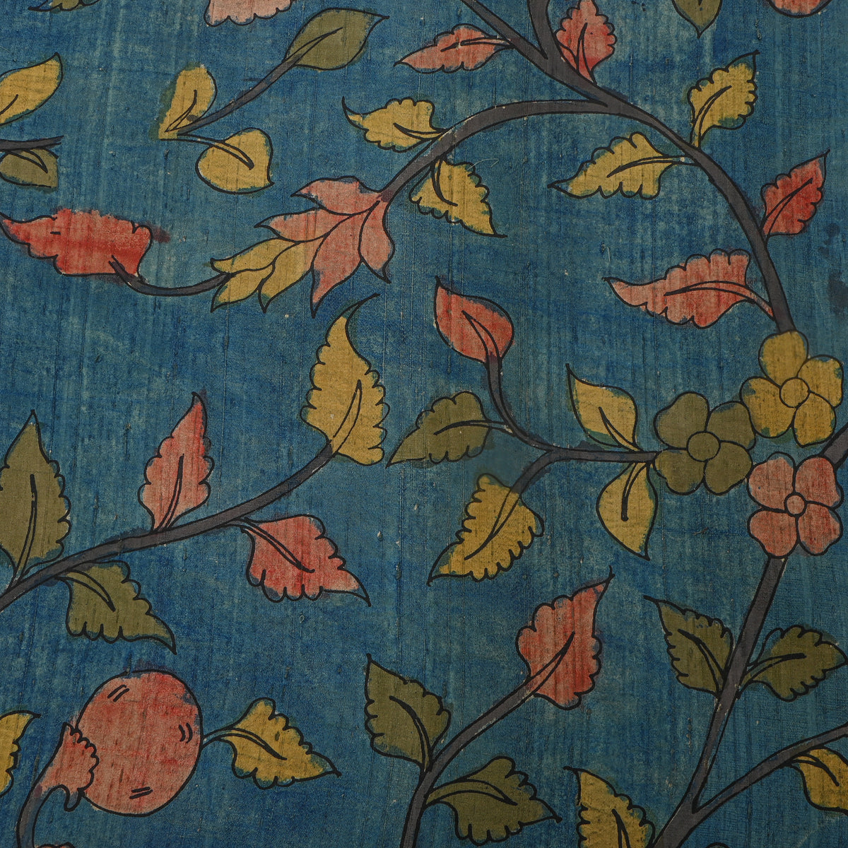 Cobalt Blue Leafy Branch Kalamkari Handloom Silk Fabric
