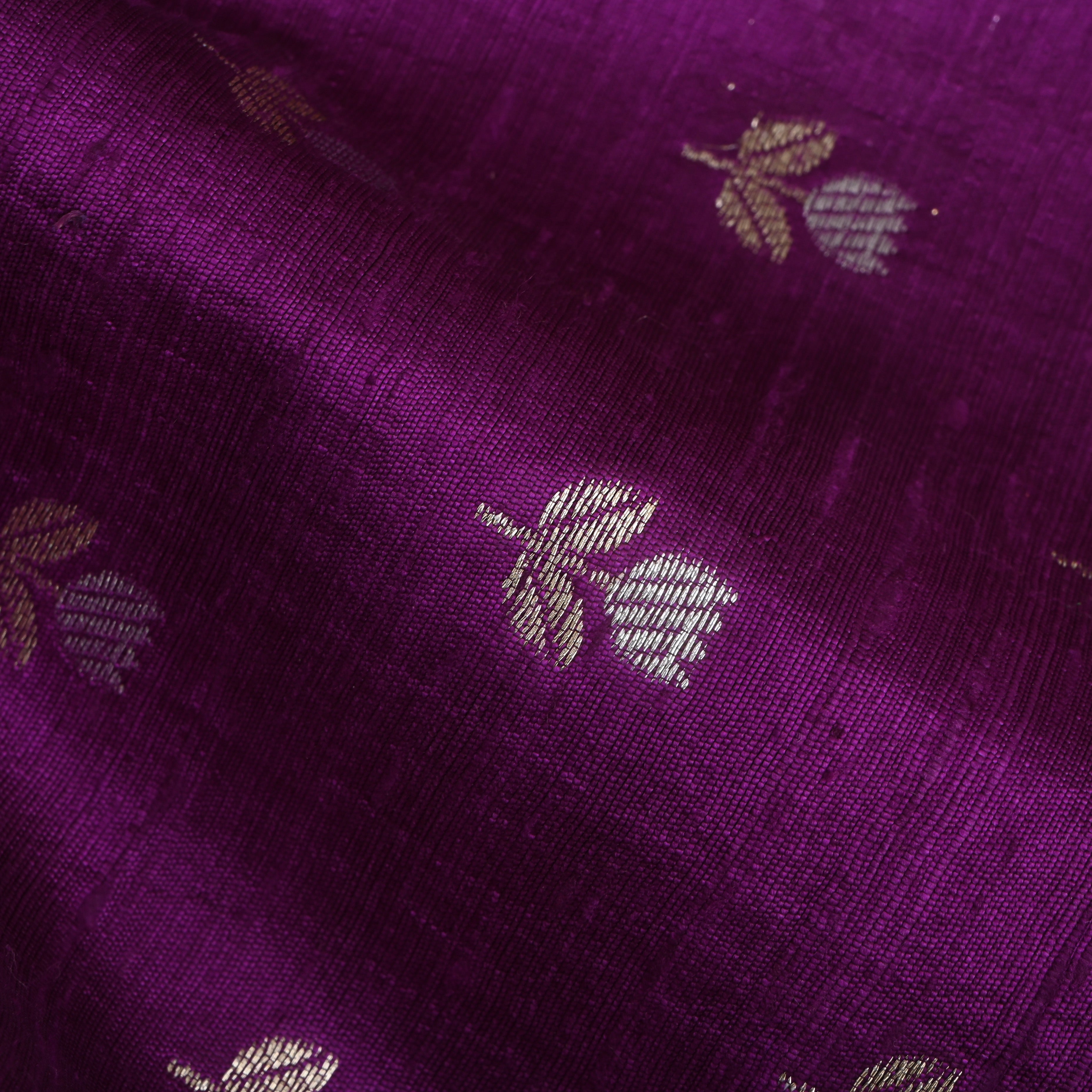 Deep Purple Floral Zari Dupion Silk Fabric