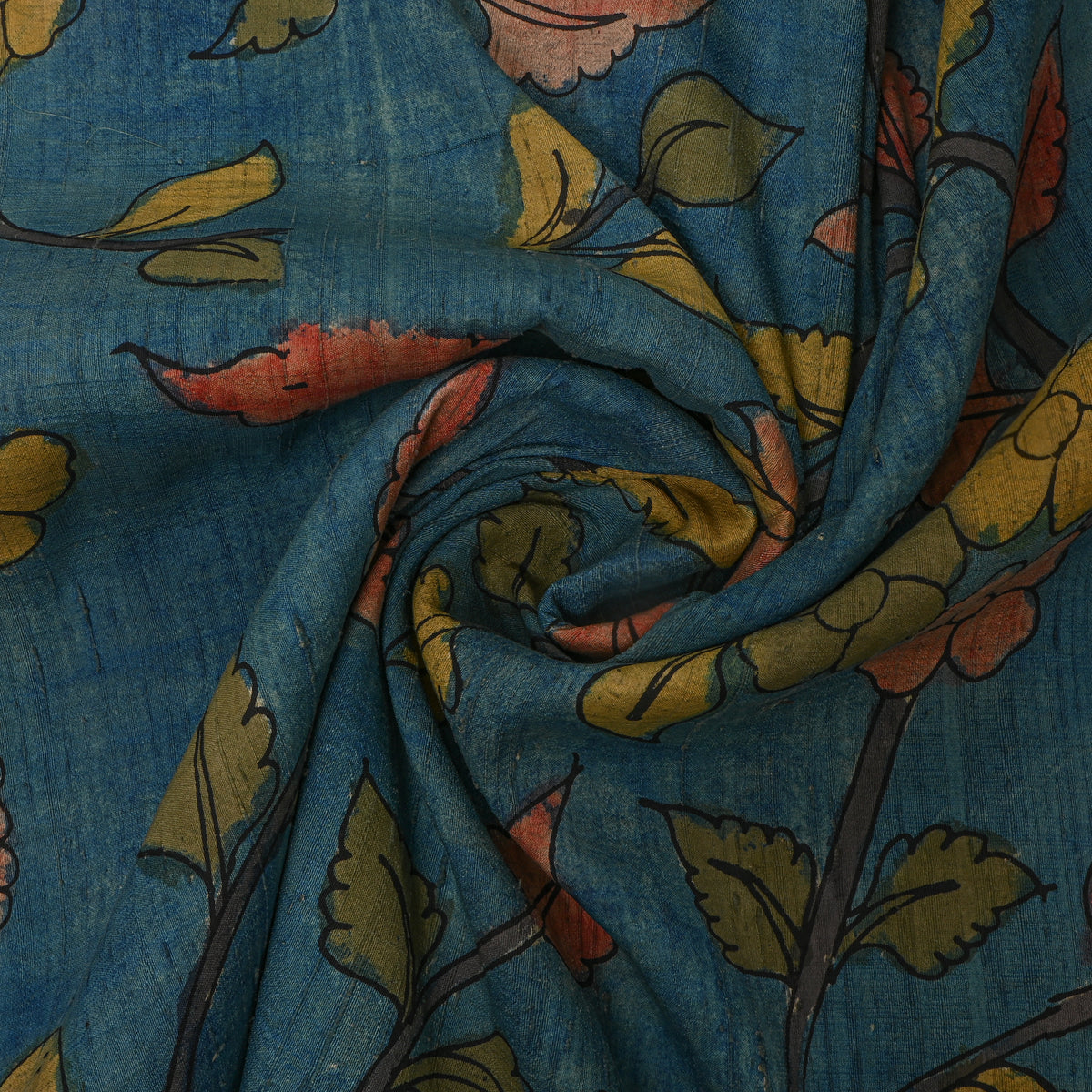 Cobalt Blue Leafy Branch Kalamkari Handloom Silk Fabric