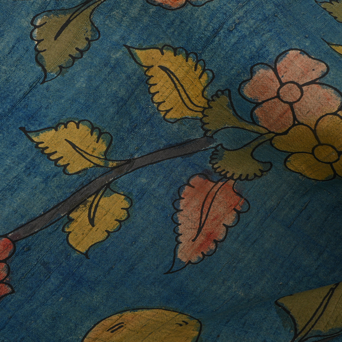 Cobalt Blue Leafy Branch Kalamkari Handloom Silk Fabric