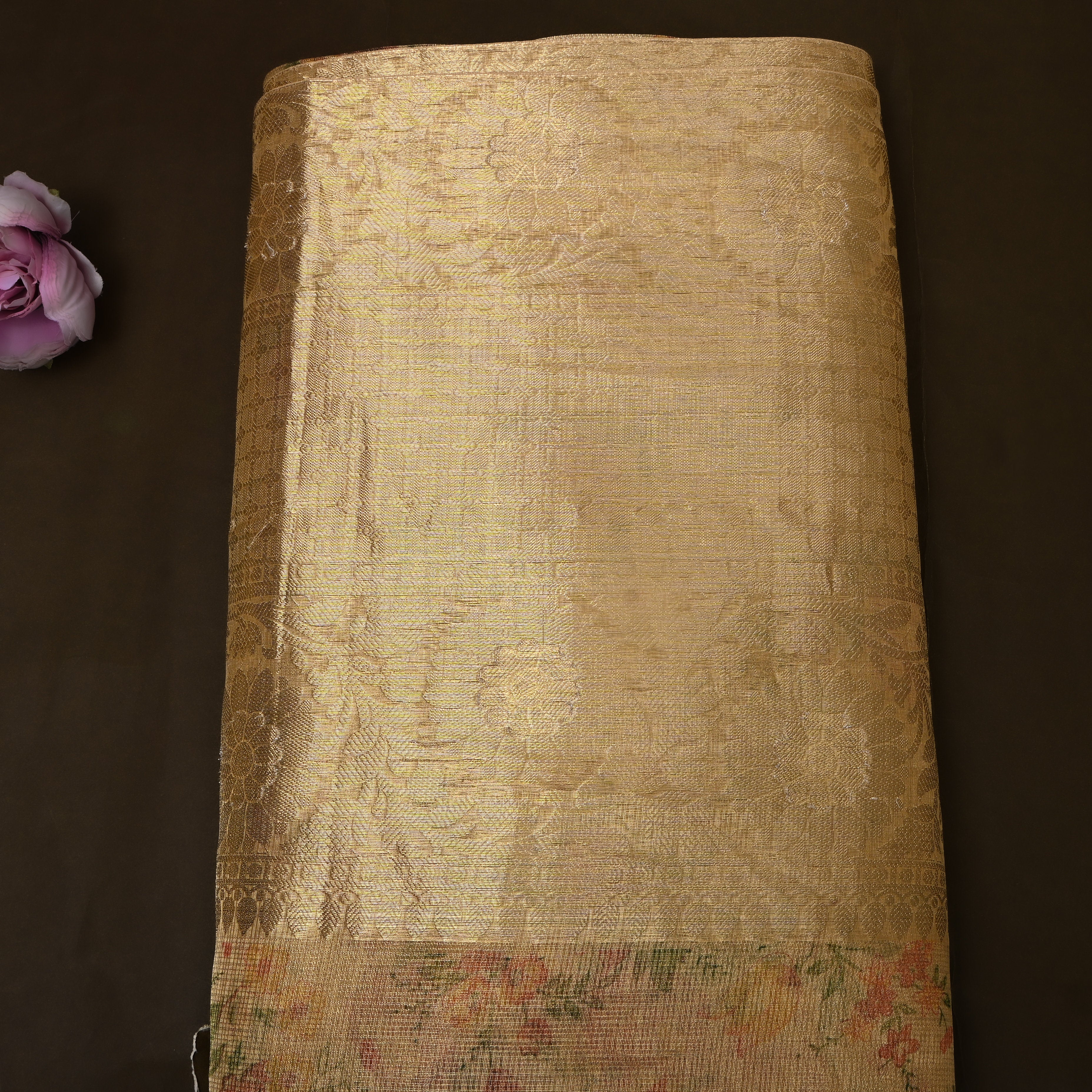 Antique Gold Floral Print Tissue Fabric