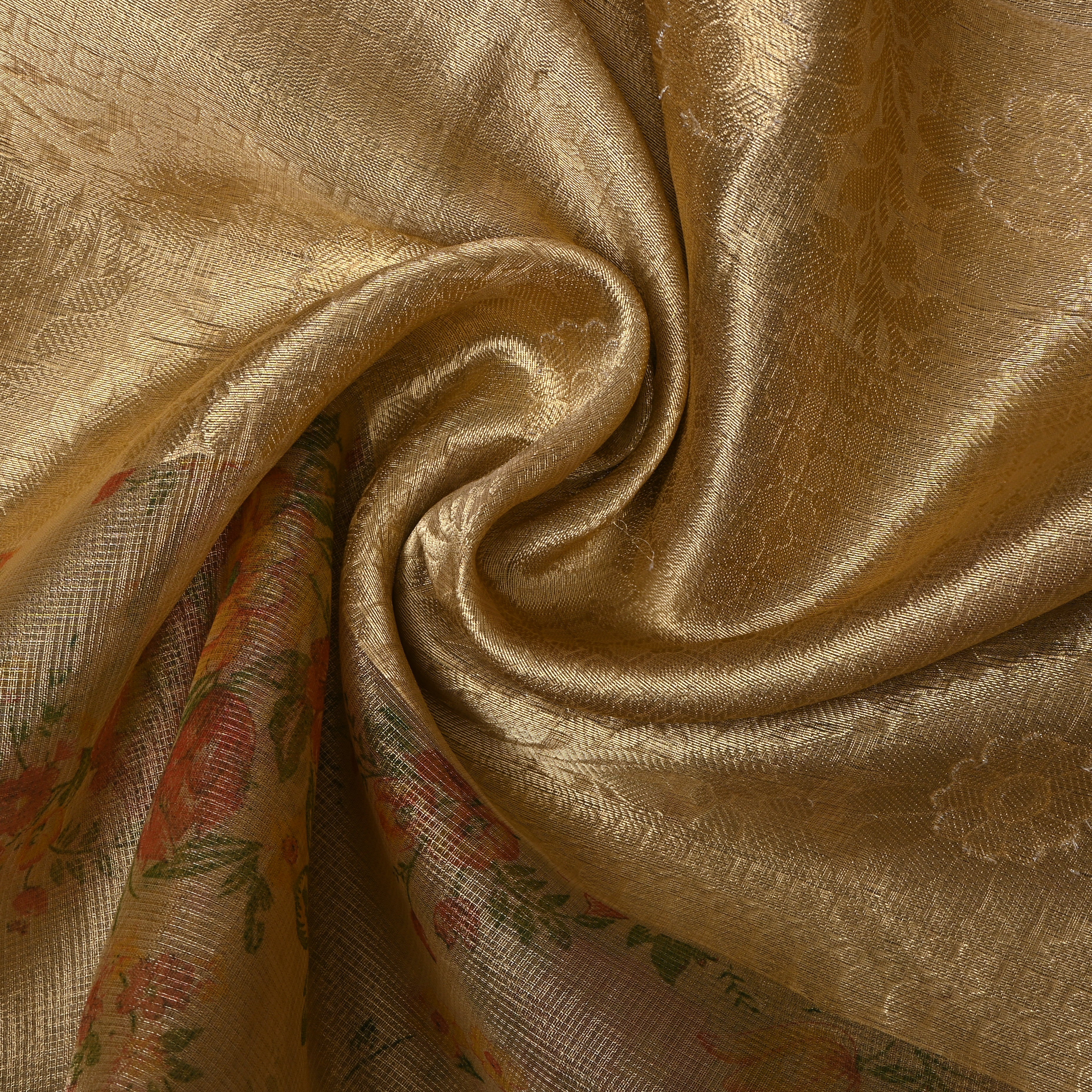 Antique Gold Floral Print Tissue Fabric