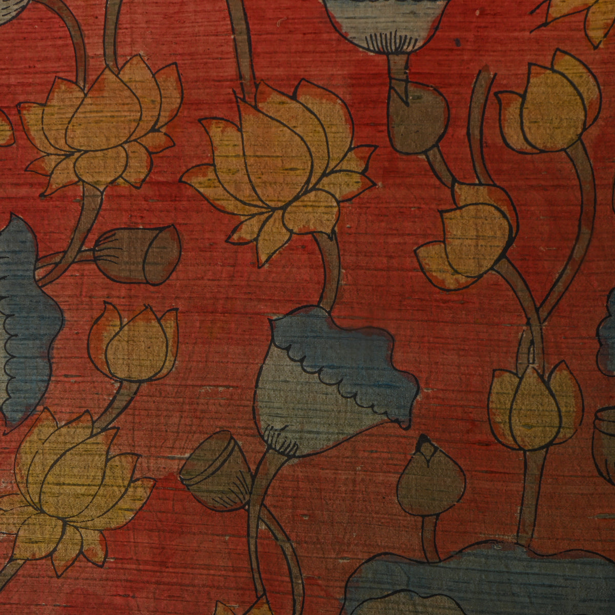 Vermilion Orange Lotus Pond Kalamkari Handloom Silk Fabric