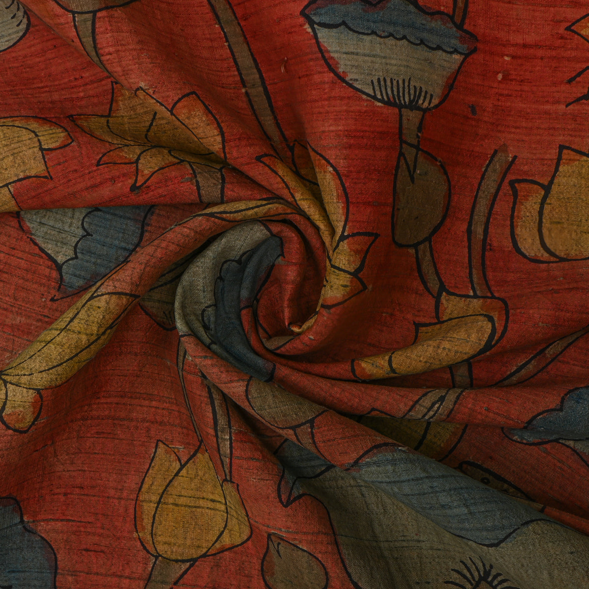 Vermilion Orange Lotus Pond Kalamkari Handloom Silk Fabric