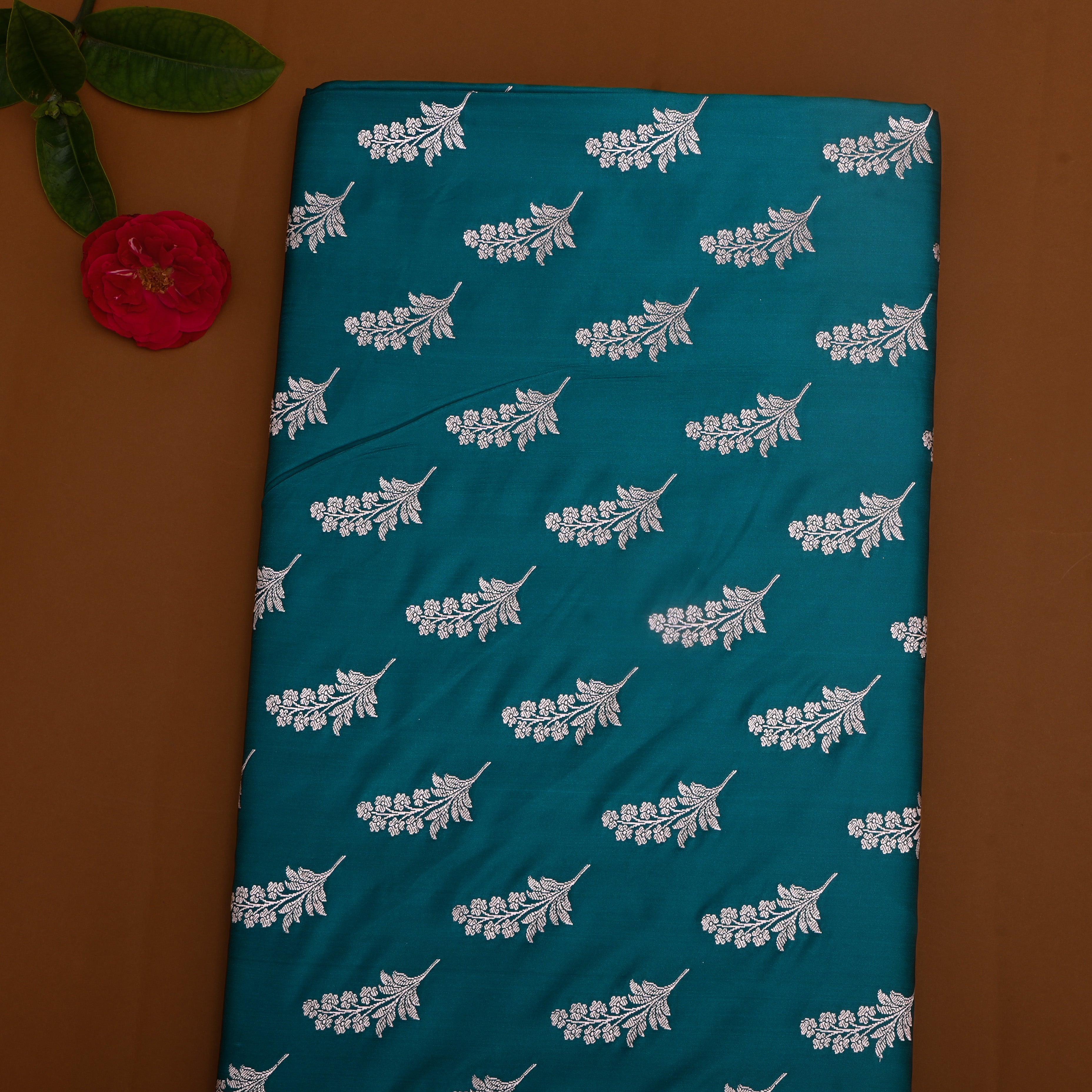 Persian Green Floral Silver Zari Satin Fabric