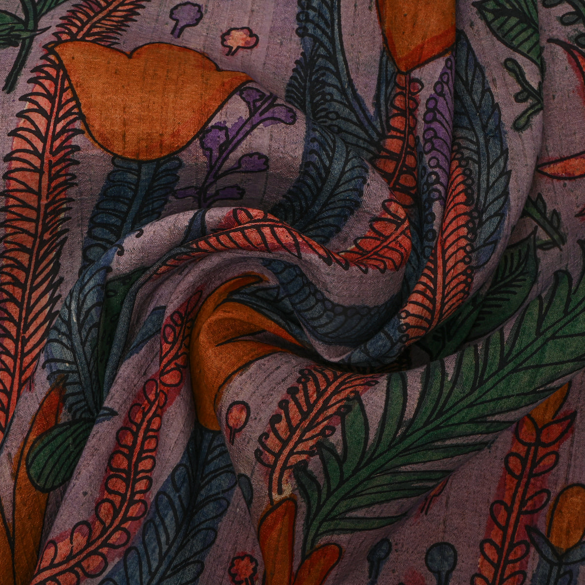 Lilac Tulip Feather Kalamkari Handloom Silk Fabric