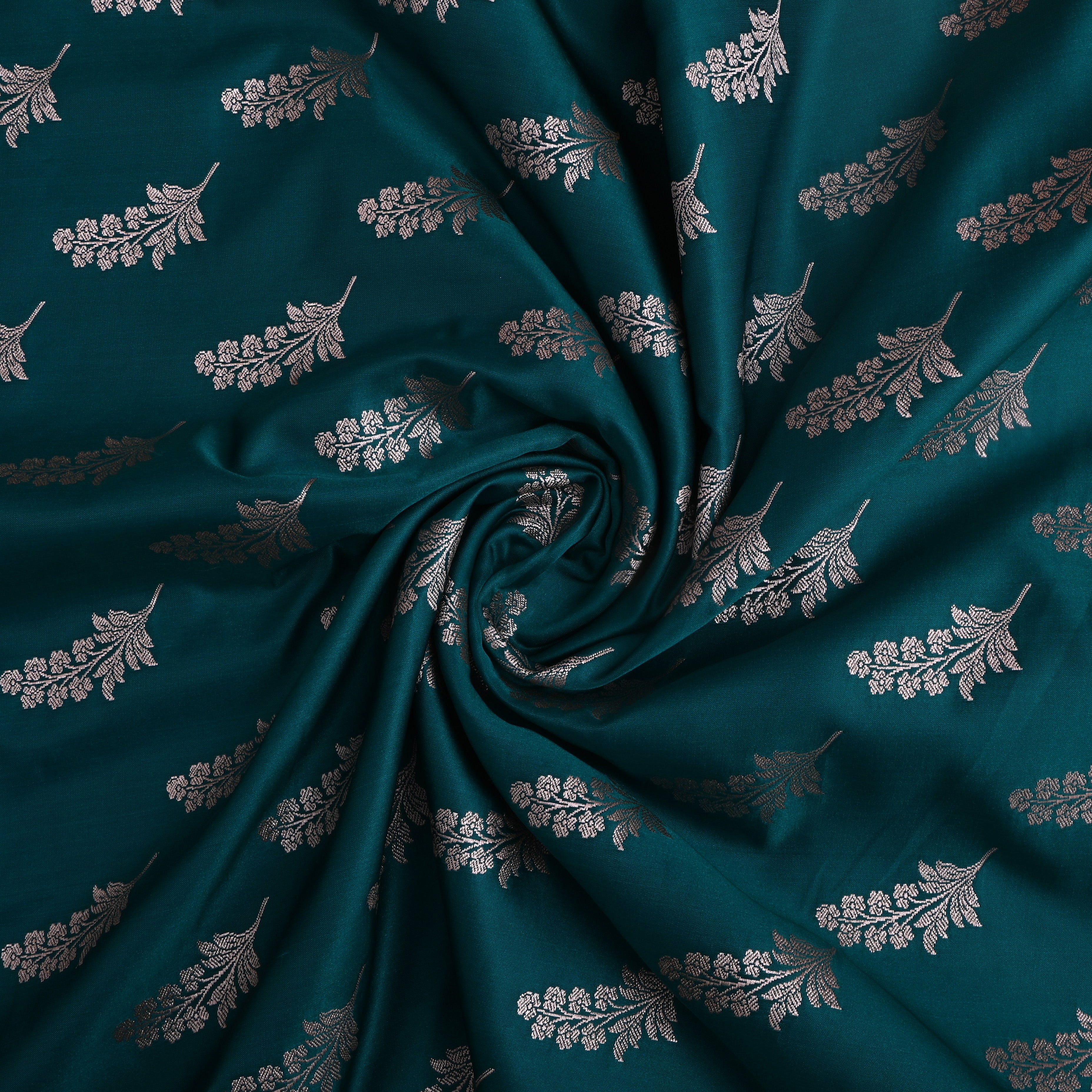 Persian Green Floral Silver Zari Satin Fabric