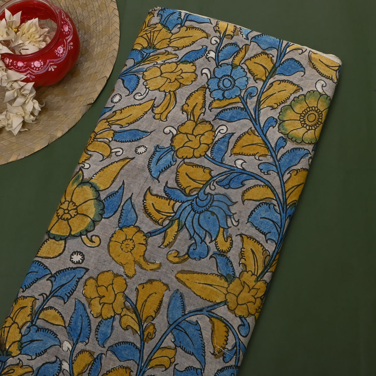 Pebble Grey Blue Floral Kalamkari Handloom Cotton Fabric