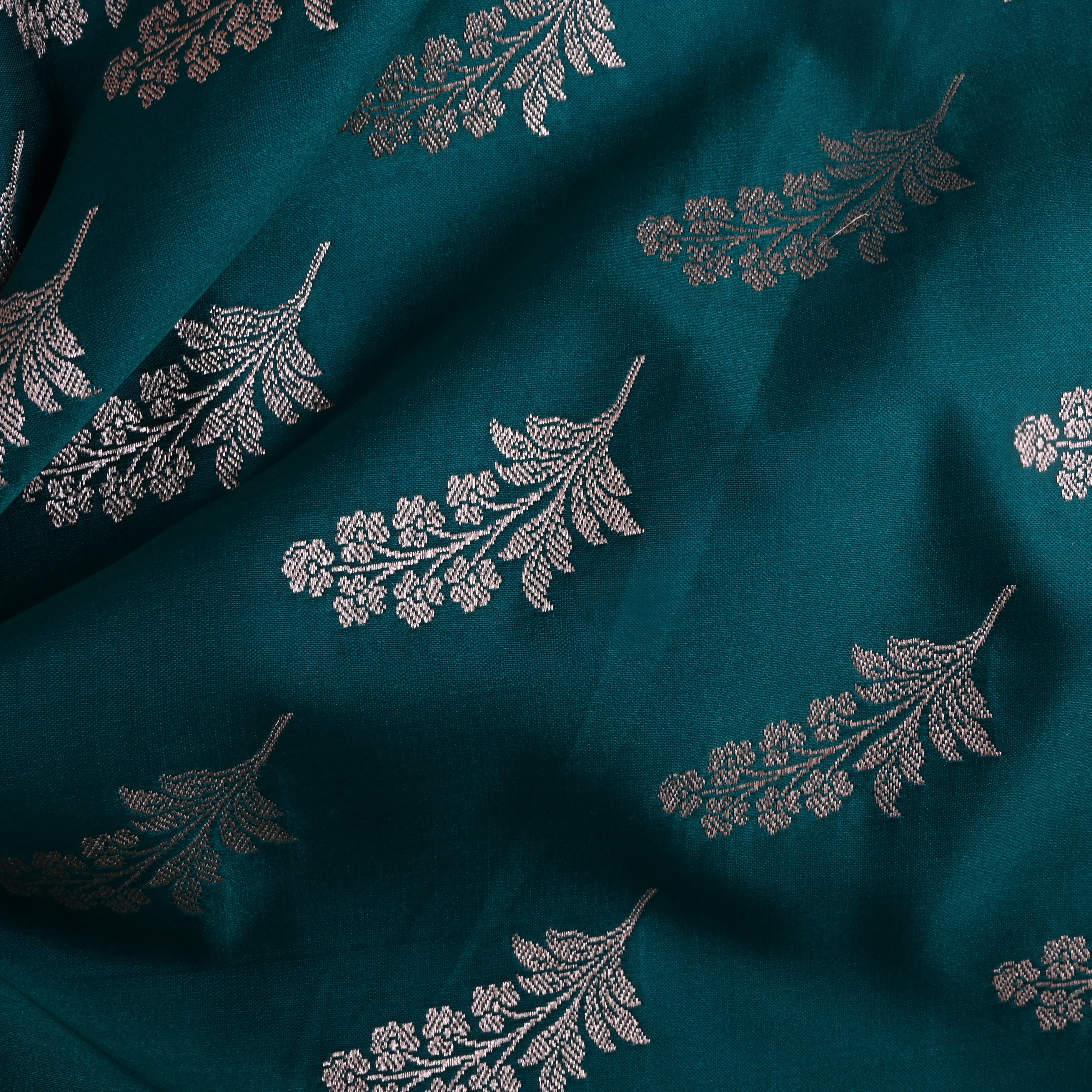Persian Green Floral Silver Zari Satin Fabric