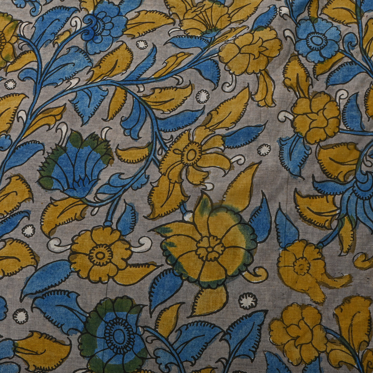 Pebble Grey Blue Floral Kalamkari Handloom Cotton Fabric