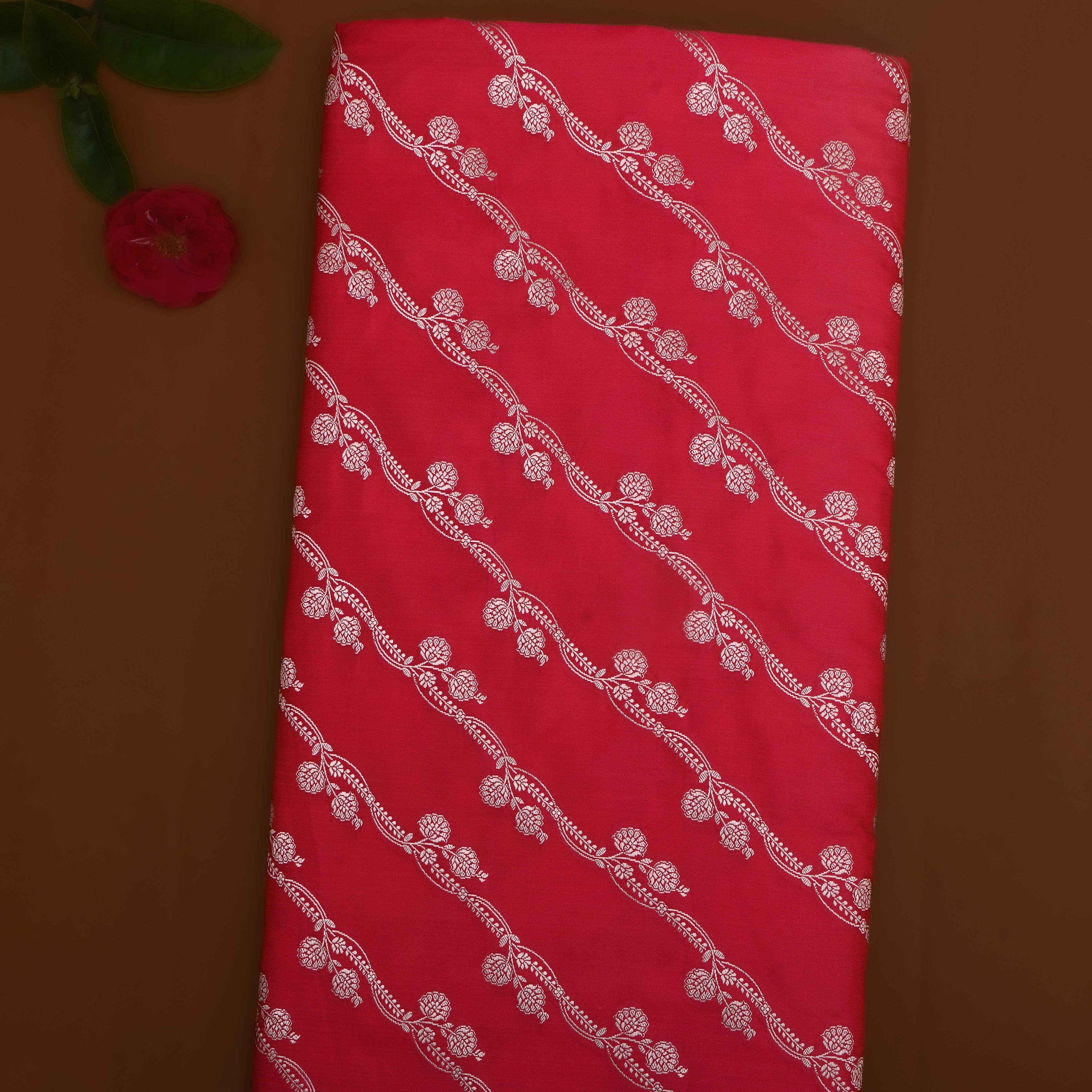 Deep Pink Floral Bel Zari Satin Fabric