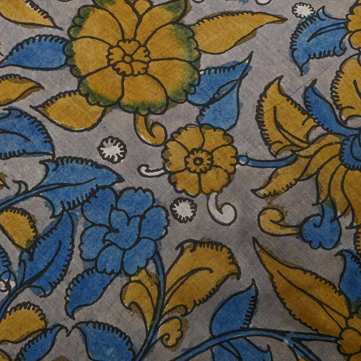 Pebble Grey Blue Floral Kalamkari Handloom Cotton Fabric
