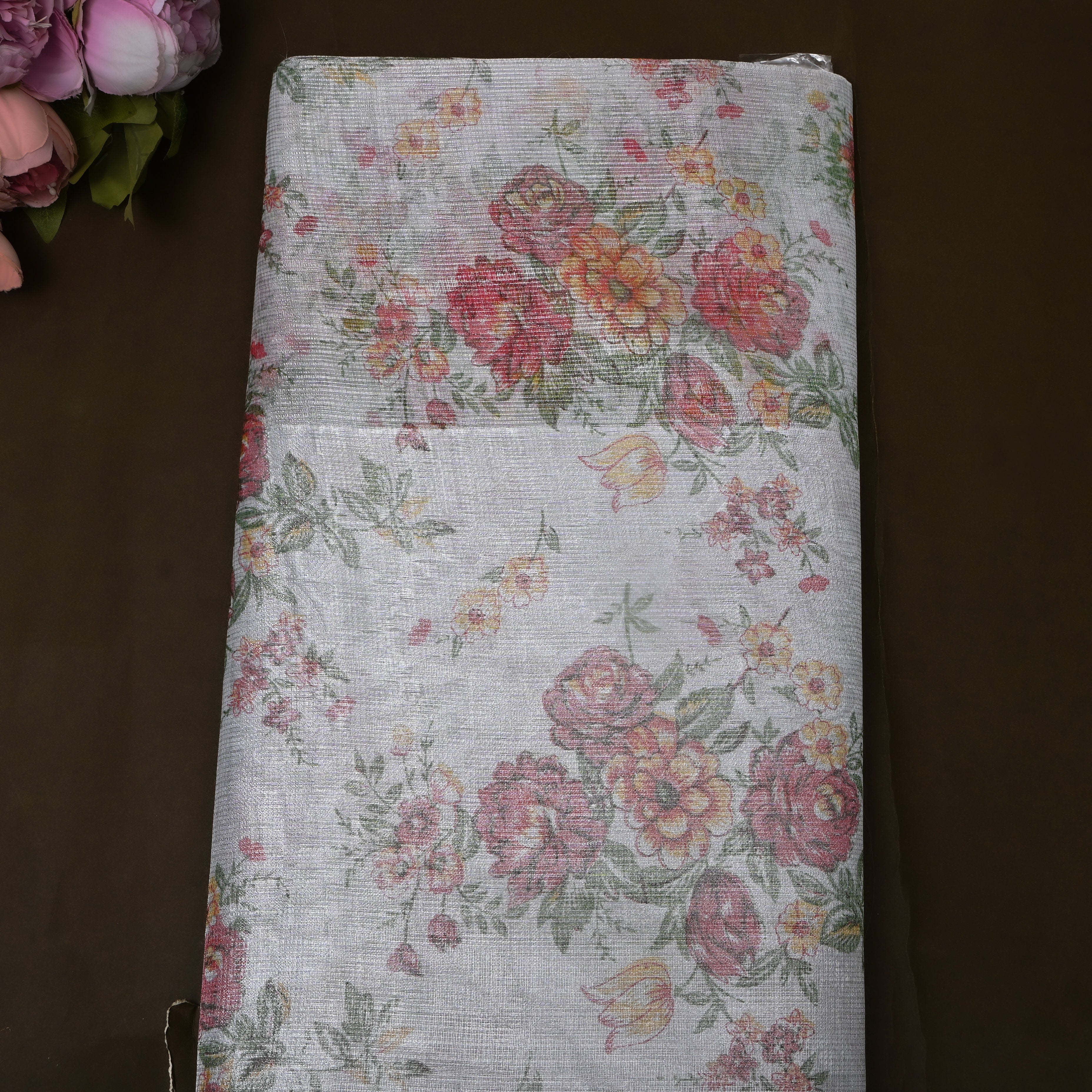 Grey With Floral Vine Digital Print Tissue Fabric