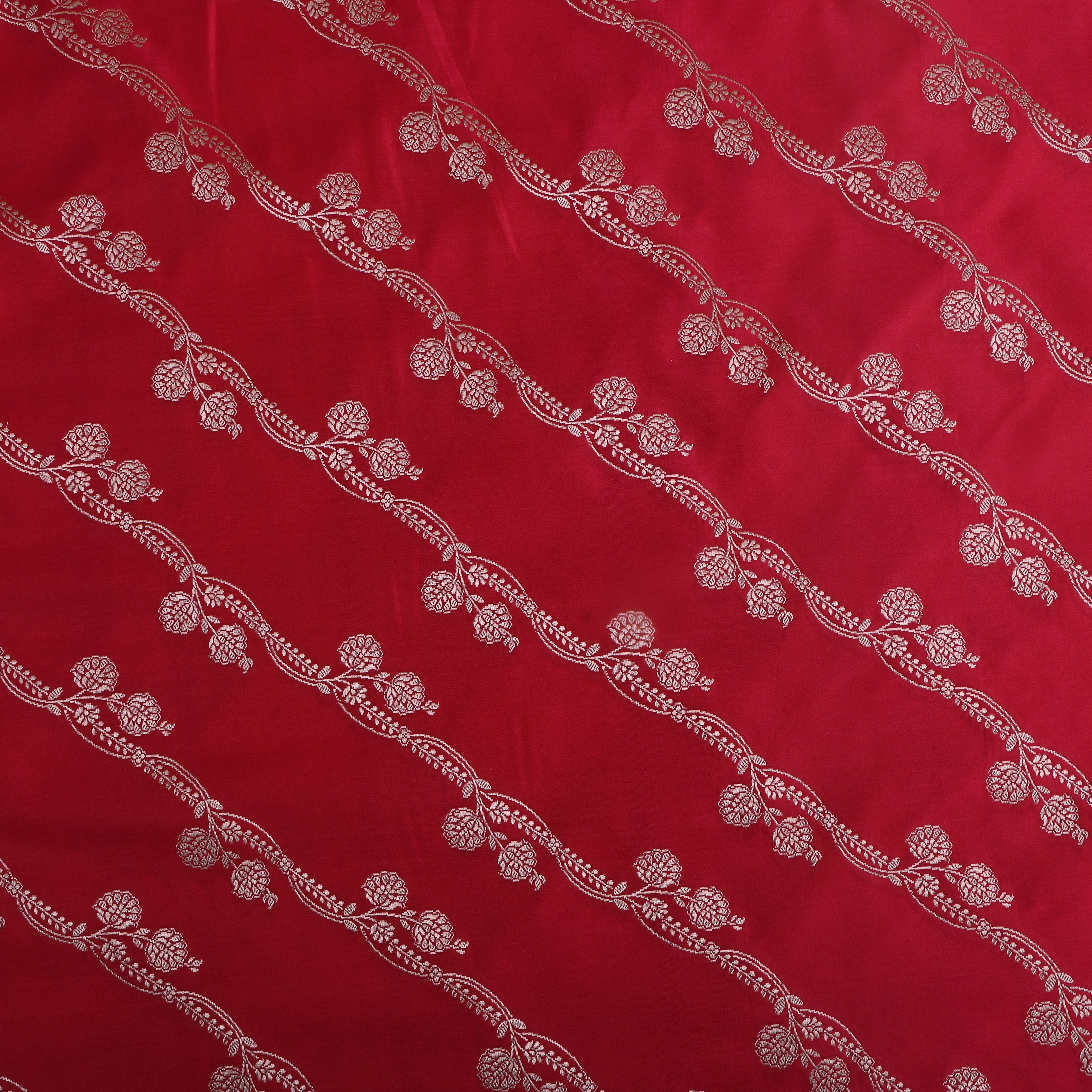 Deep Pink Floral Bel Zari Satin Fabric