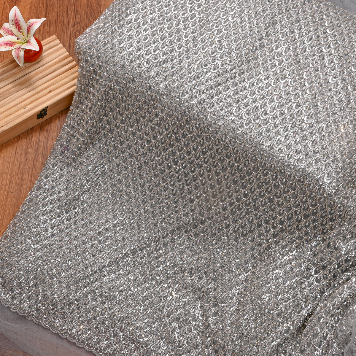 Smoke Grey Sequin Scallop Embroidery Net Fabric