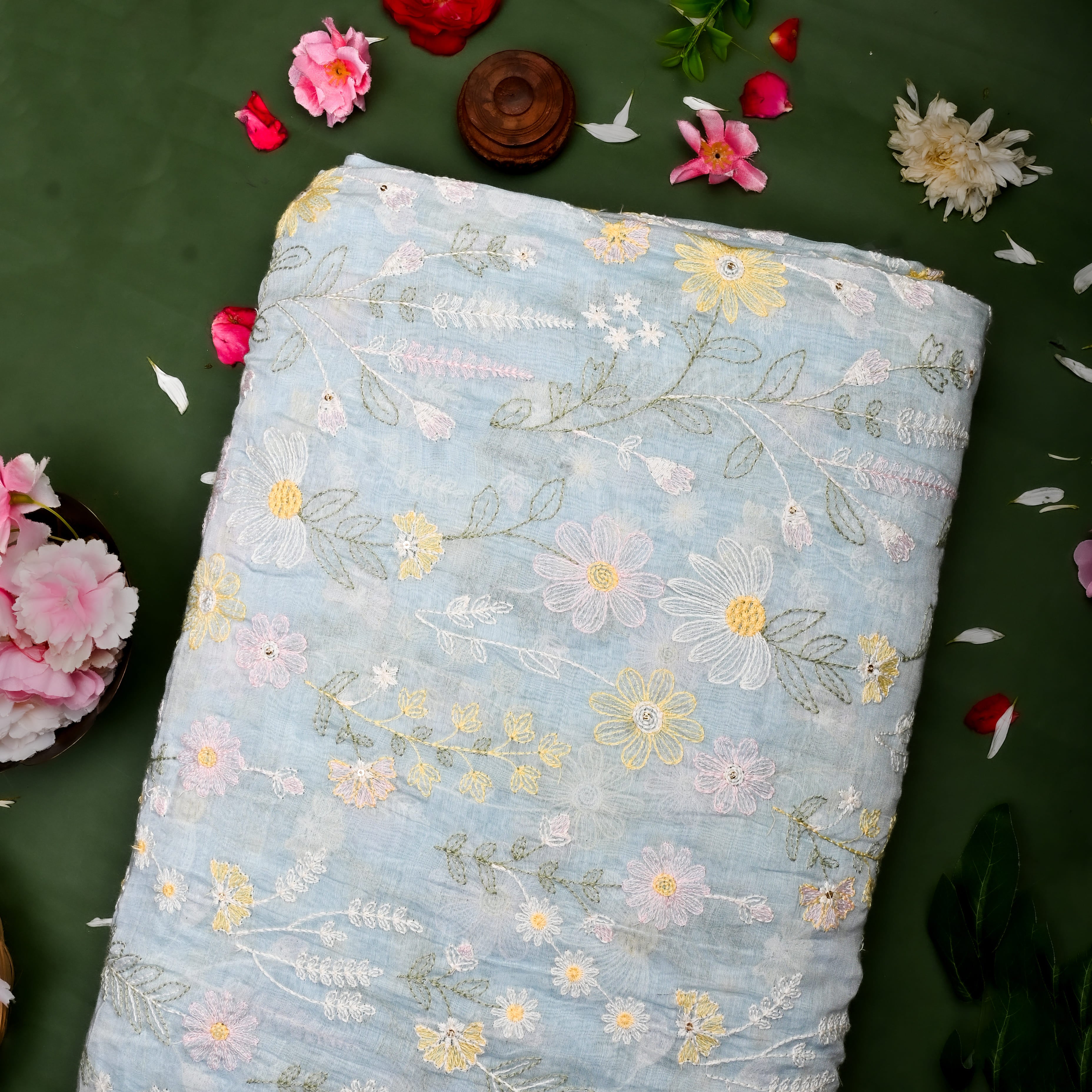 Pastel Blue Chanderi Fabric With Thread Embroidery