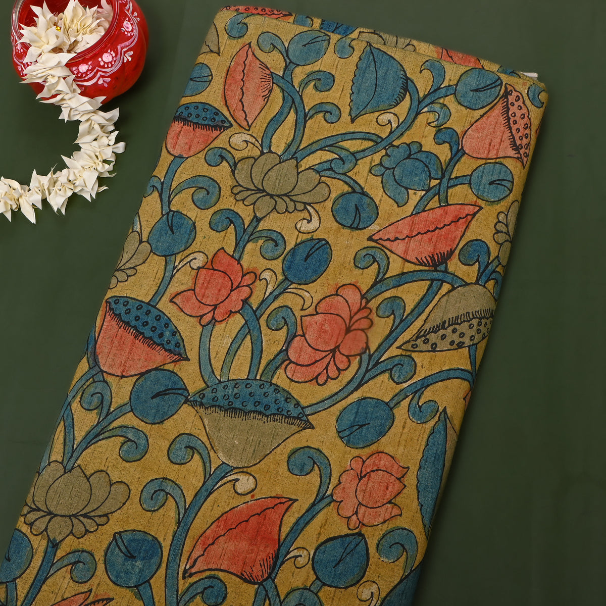 Turmeric Yellow Lotus Vine Kalamkari Handloom Silk Fabric