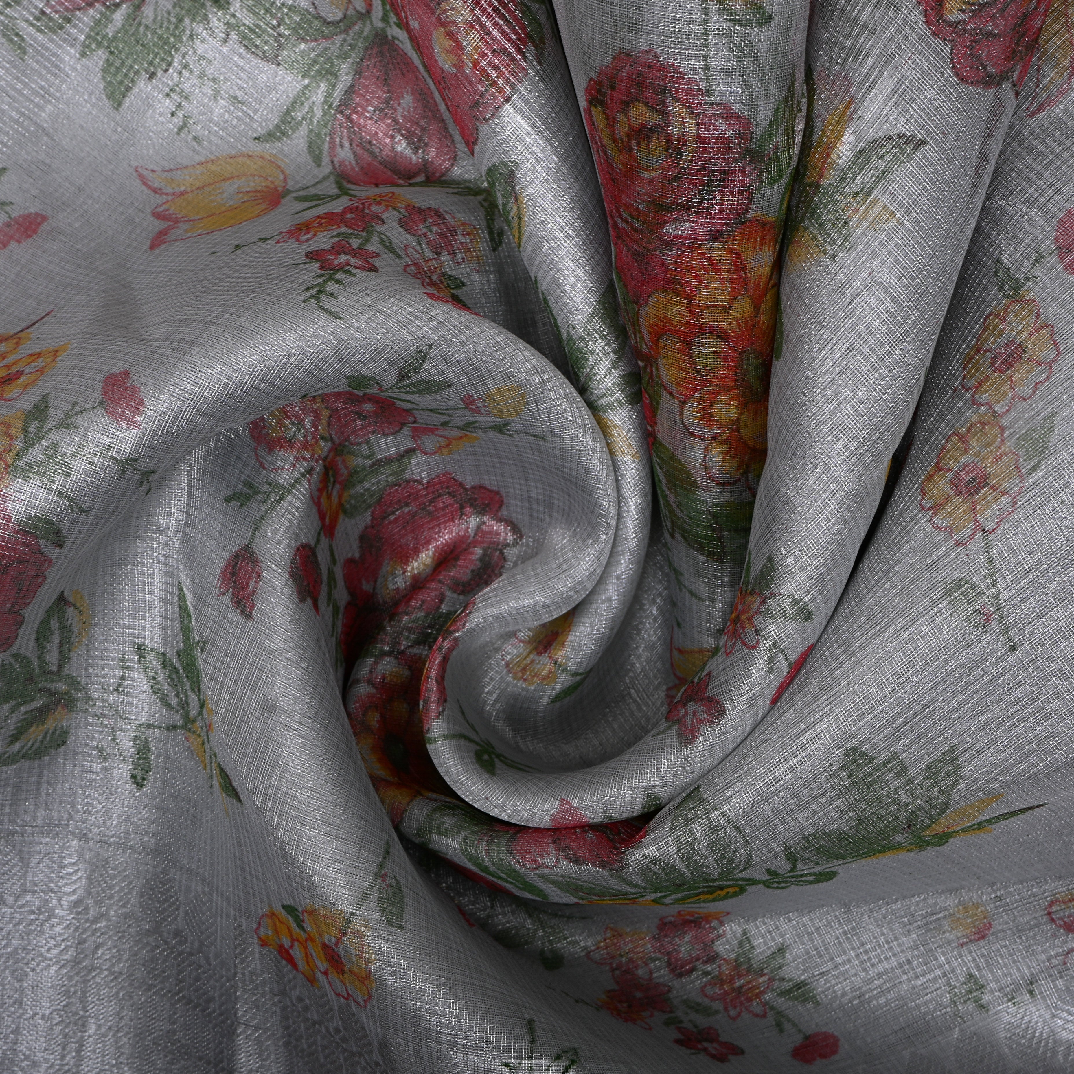 Grey With Floral Vine Digital Print Tissue Fabric