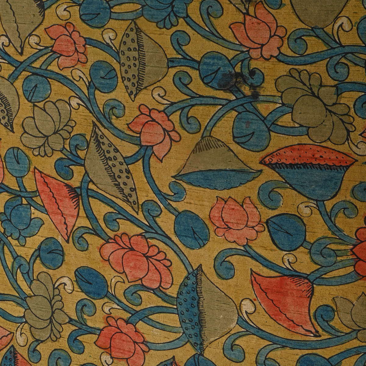 Turmeric Yellow Lotus Vine Kalamkari Handloom Silk Fabric