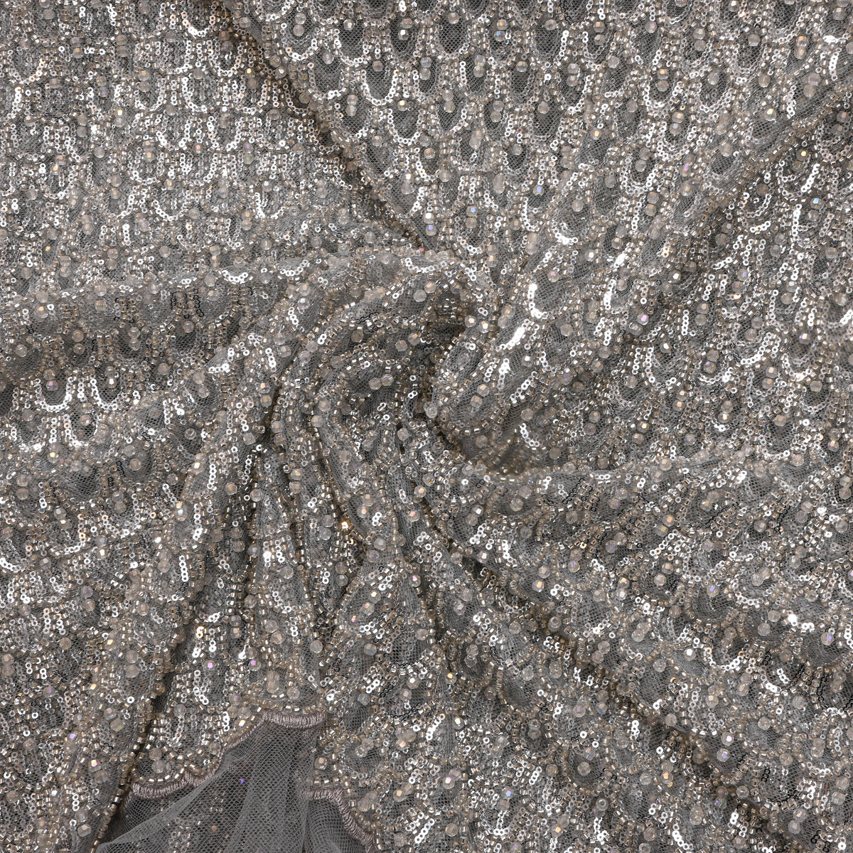 Smoke Grey Sequin Scallop Embroidery Net Fabric