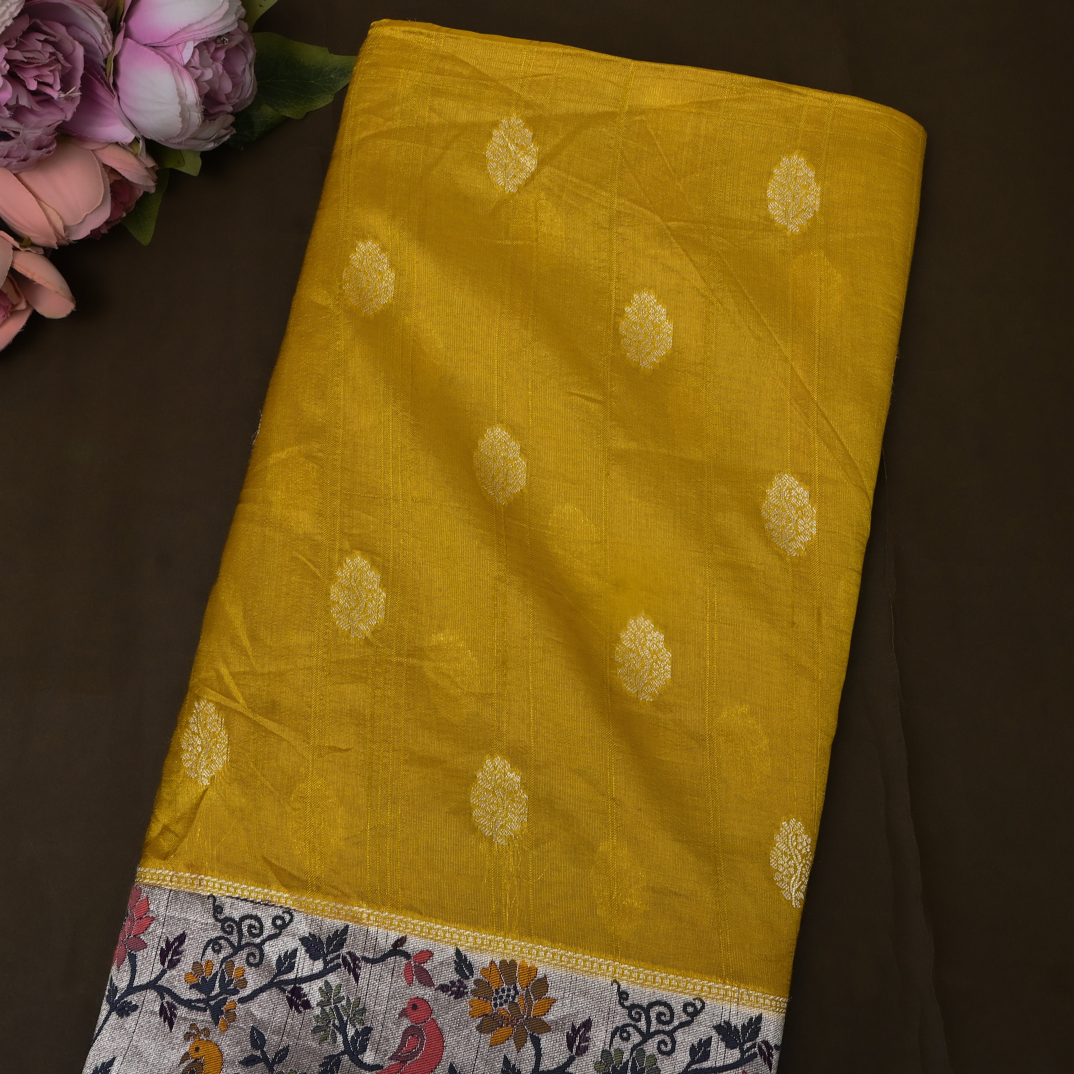 Golden Yellow Paithani Bird Border Jamawar Silk