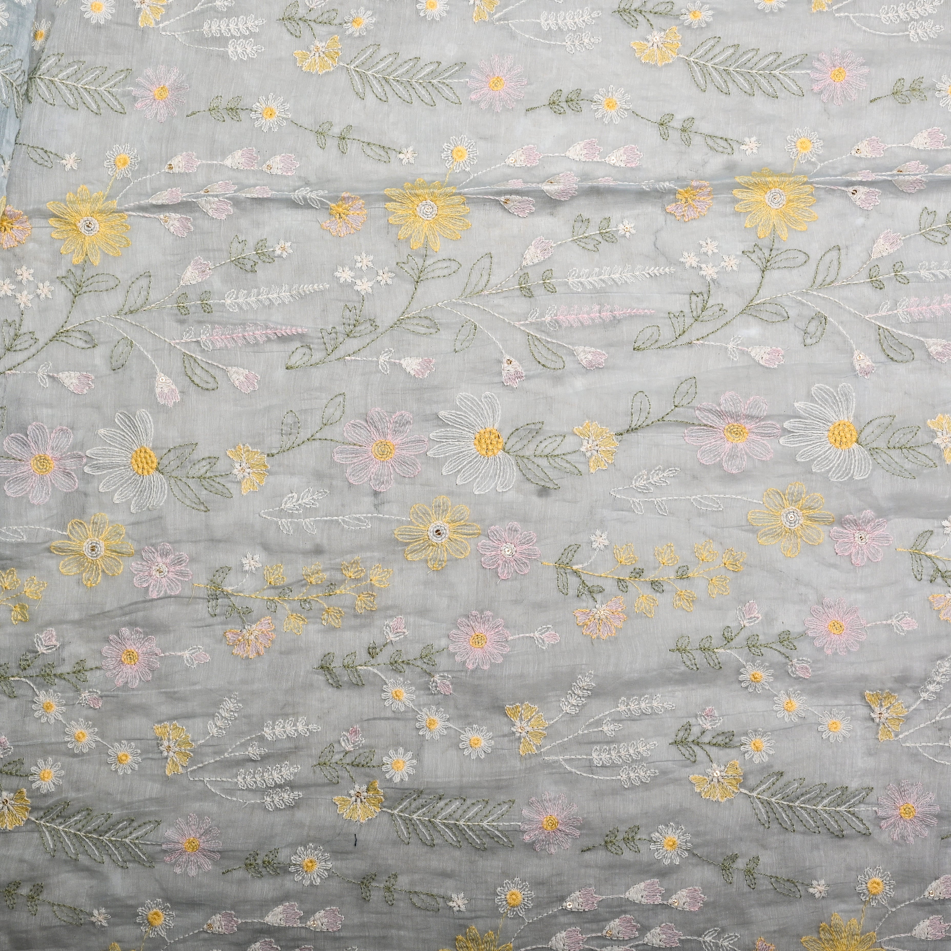 Pastel Blue Chanderi Fabric With Thread Embroidery
