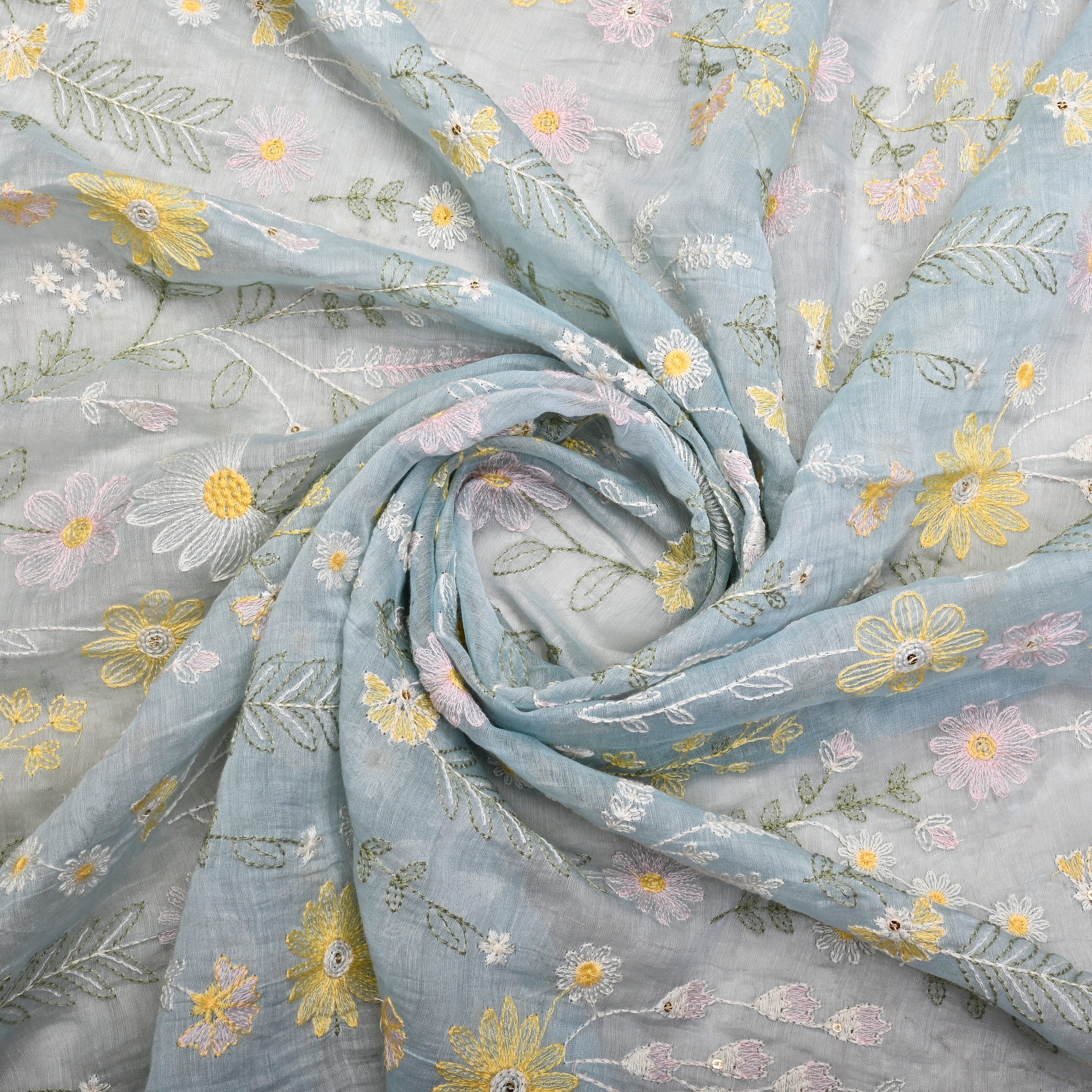 Pastel Blue Chanderi Fabric With Thread Embroidery