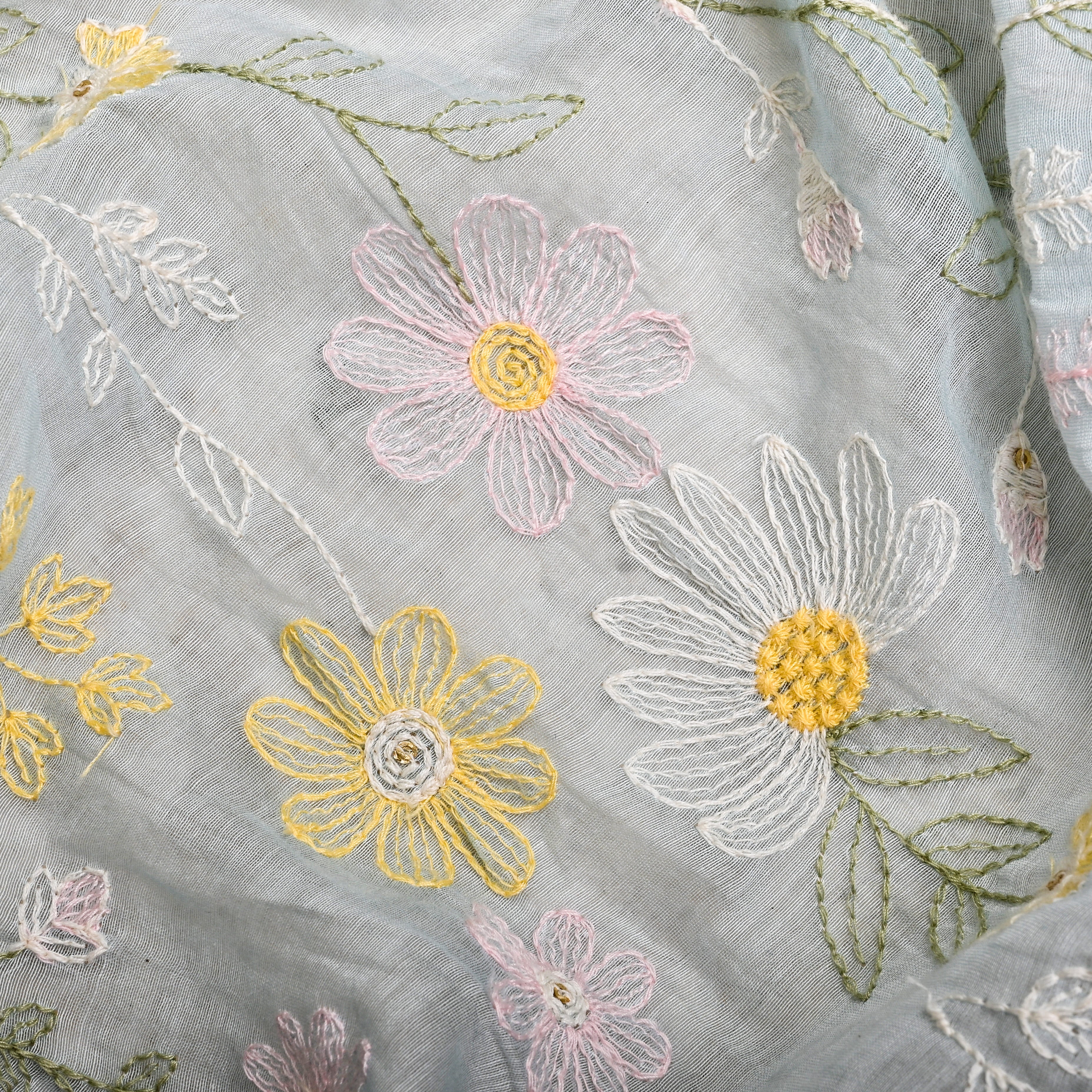 Pastel Blue Chanderi Fabric With Thread Embroidery