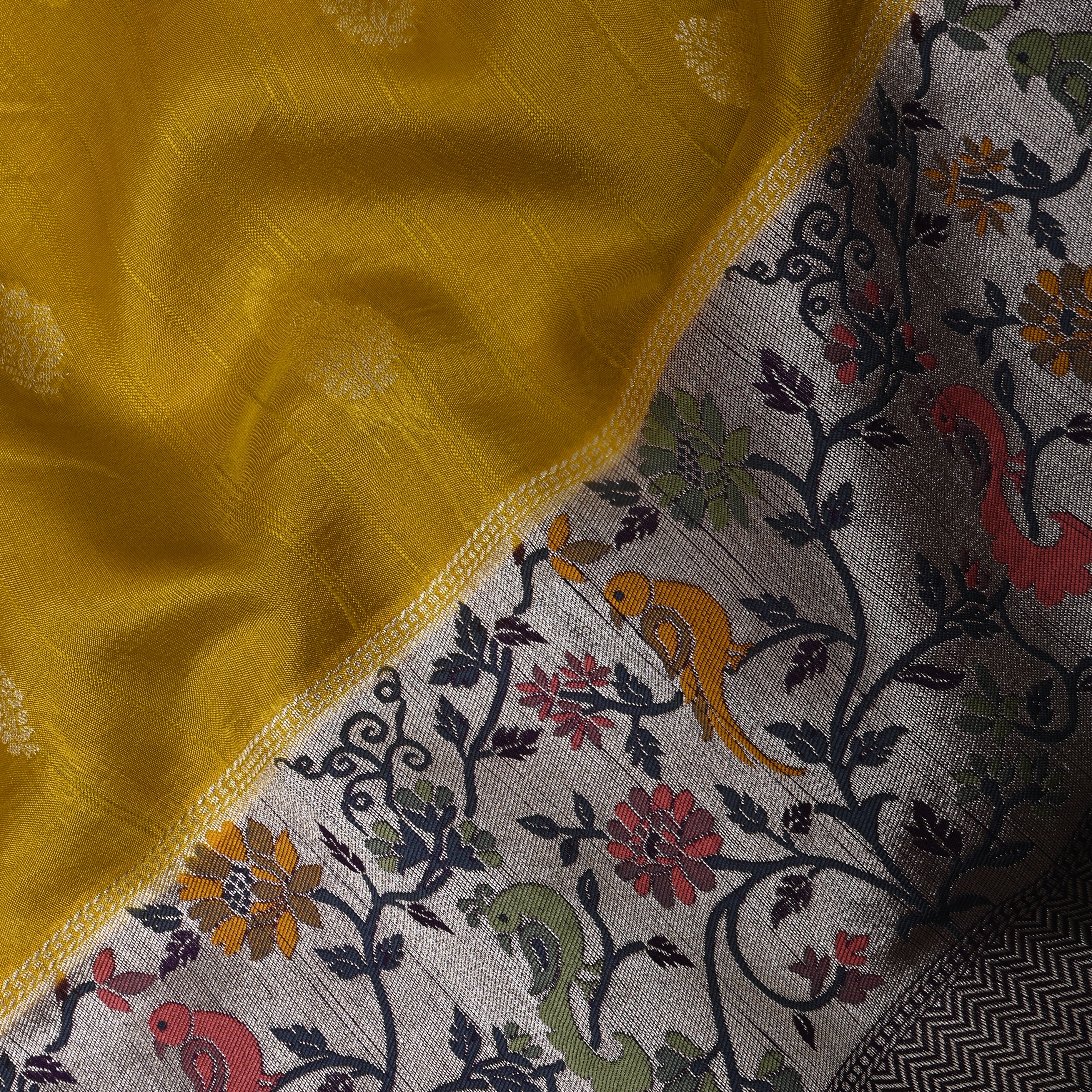 Golden Yellow Paithani Bird Border Jamawar Silk