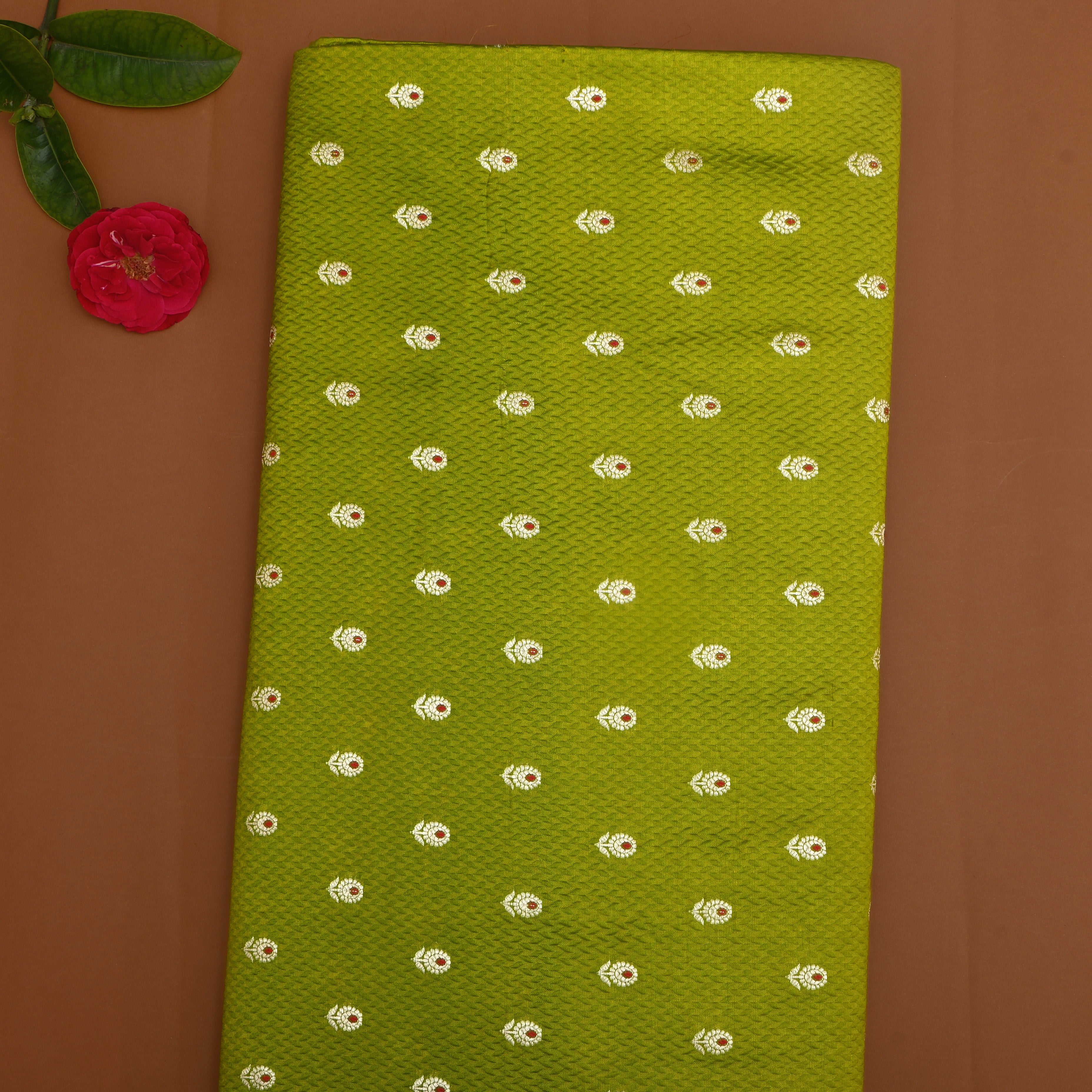 Chartreuse Green Floral Zari Silk Fabric
