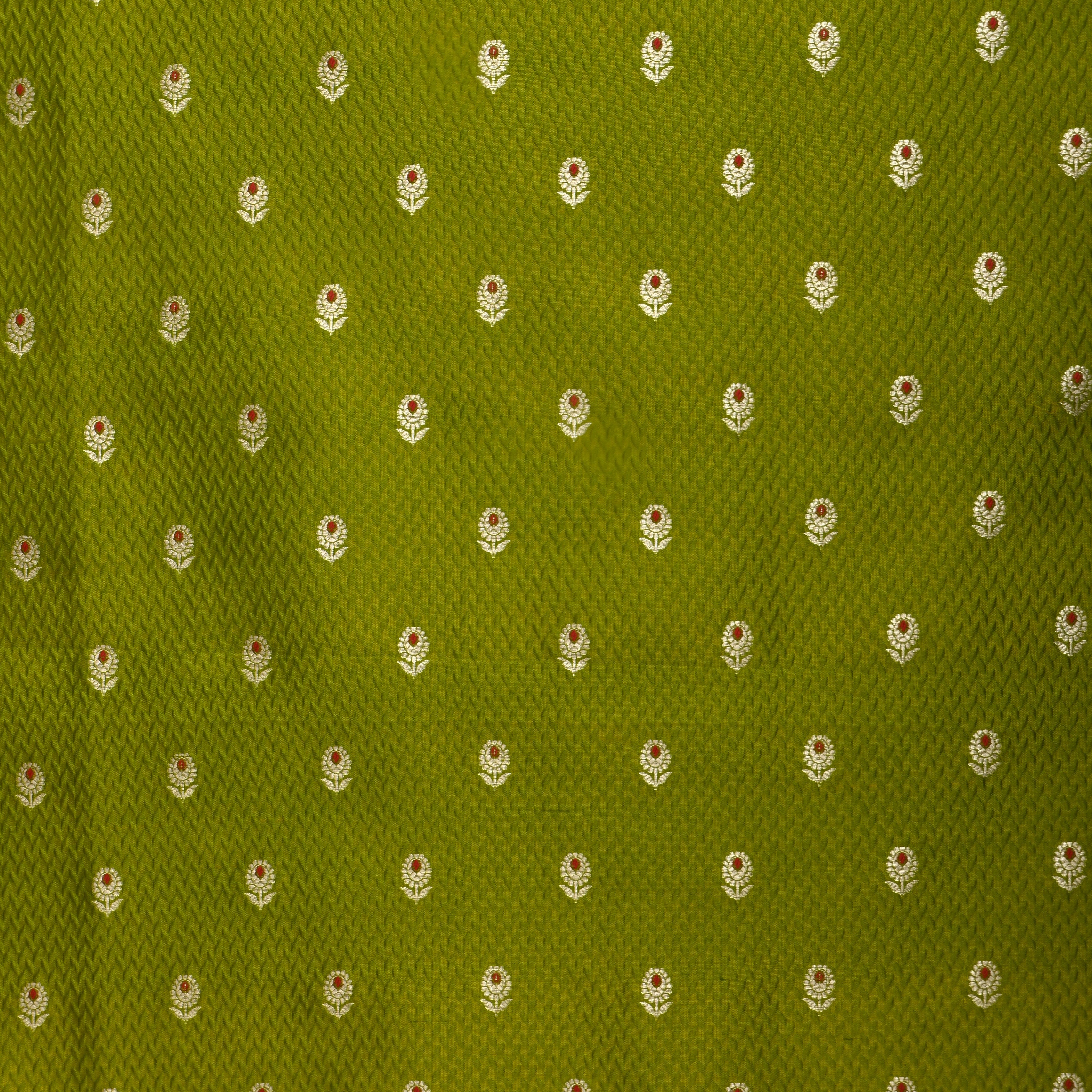 Chartreuse Green Floral Zari Silk Fabric