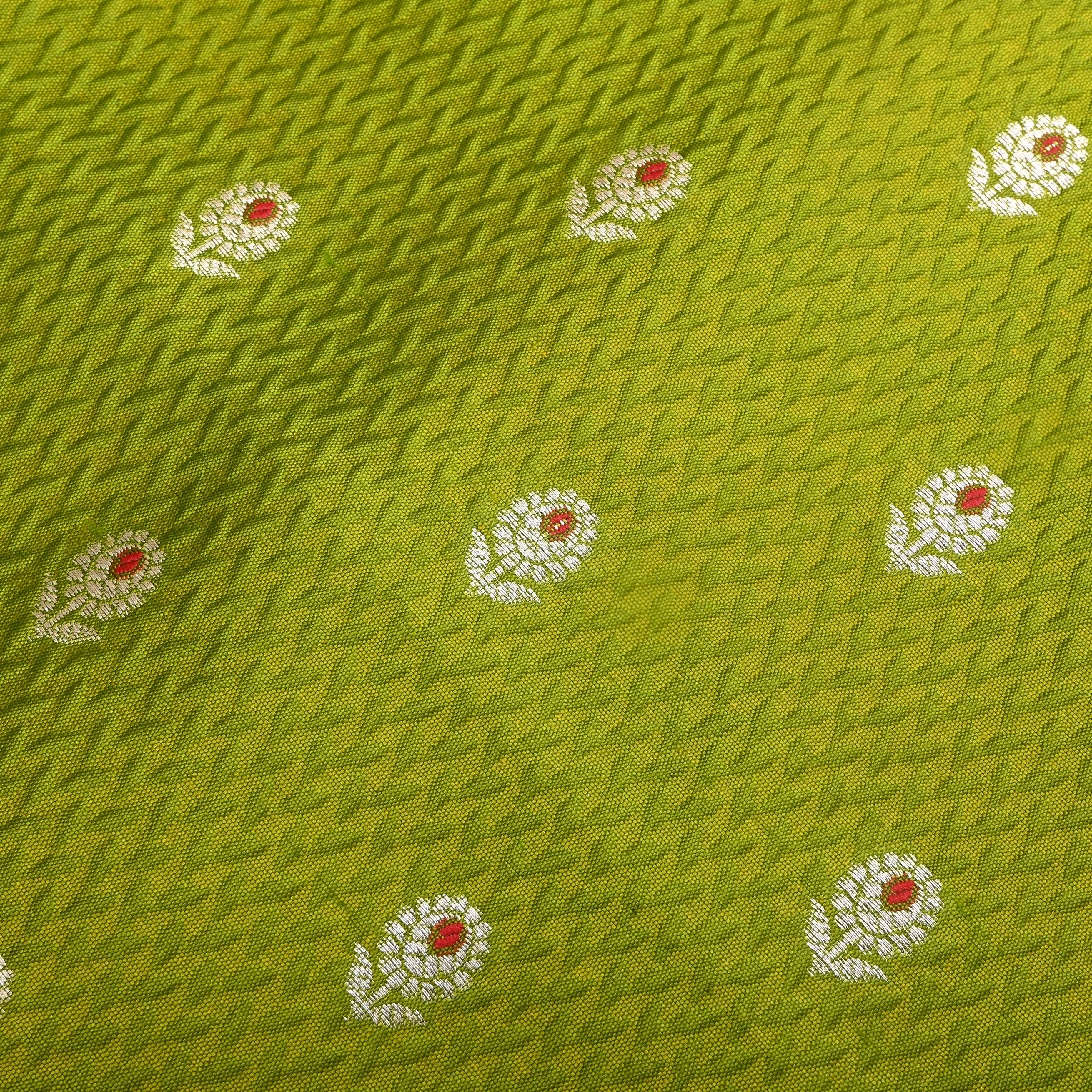 Chartreuse Green Floral Zari Silk Fabric