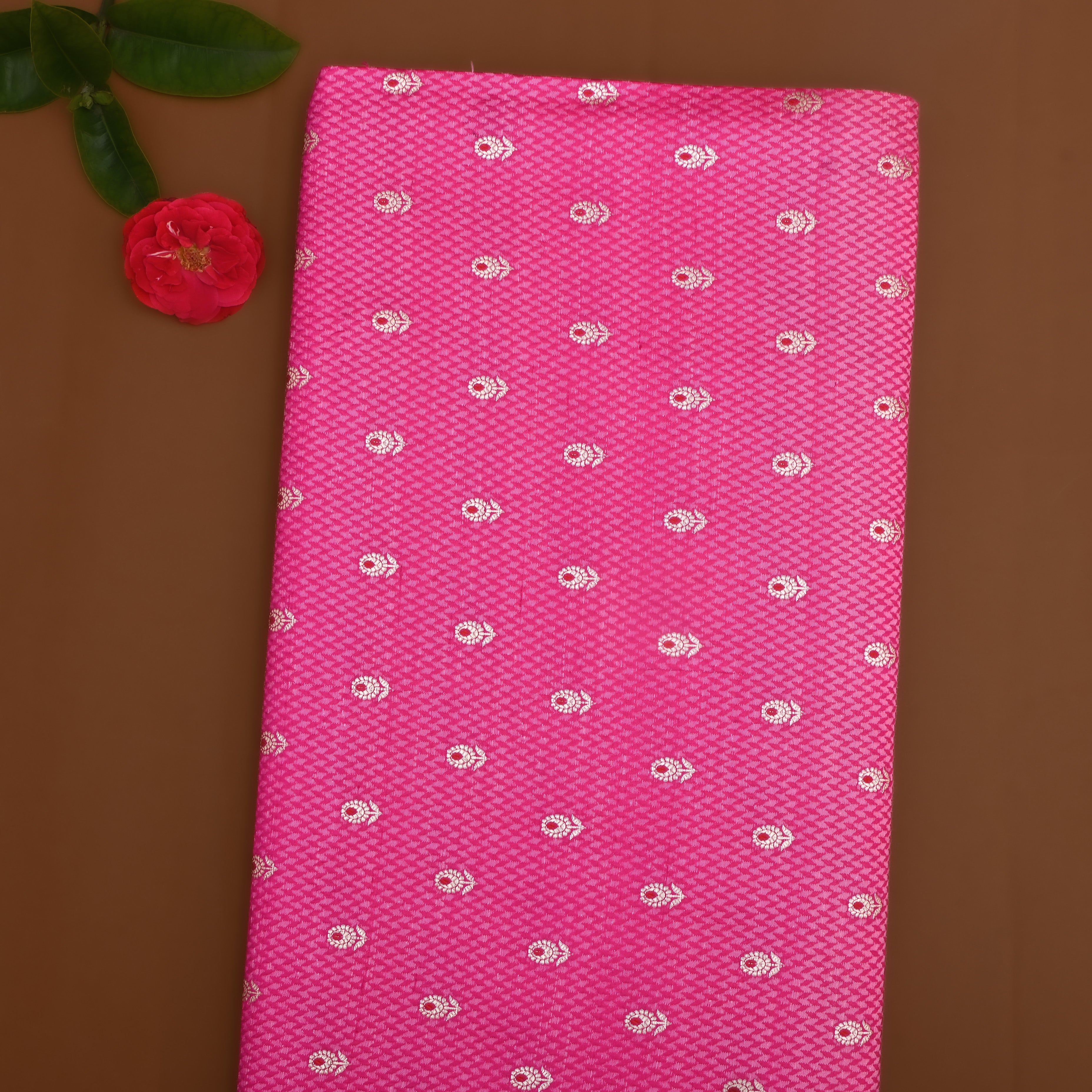 Bright Pink Floral Zari Silk Fabric