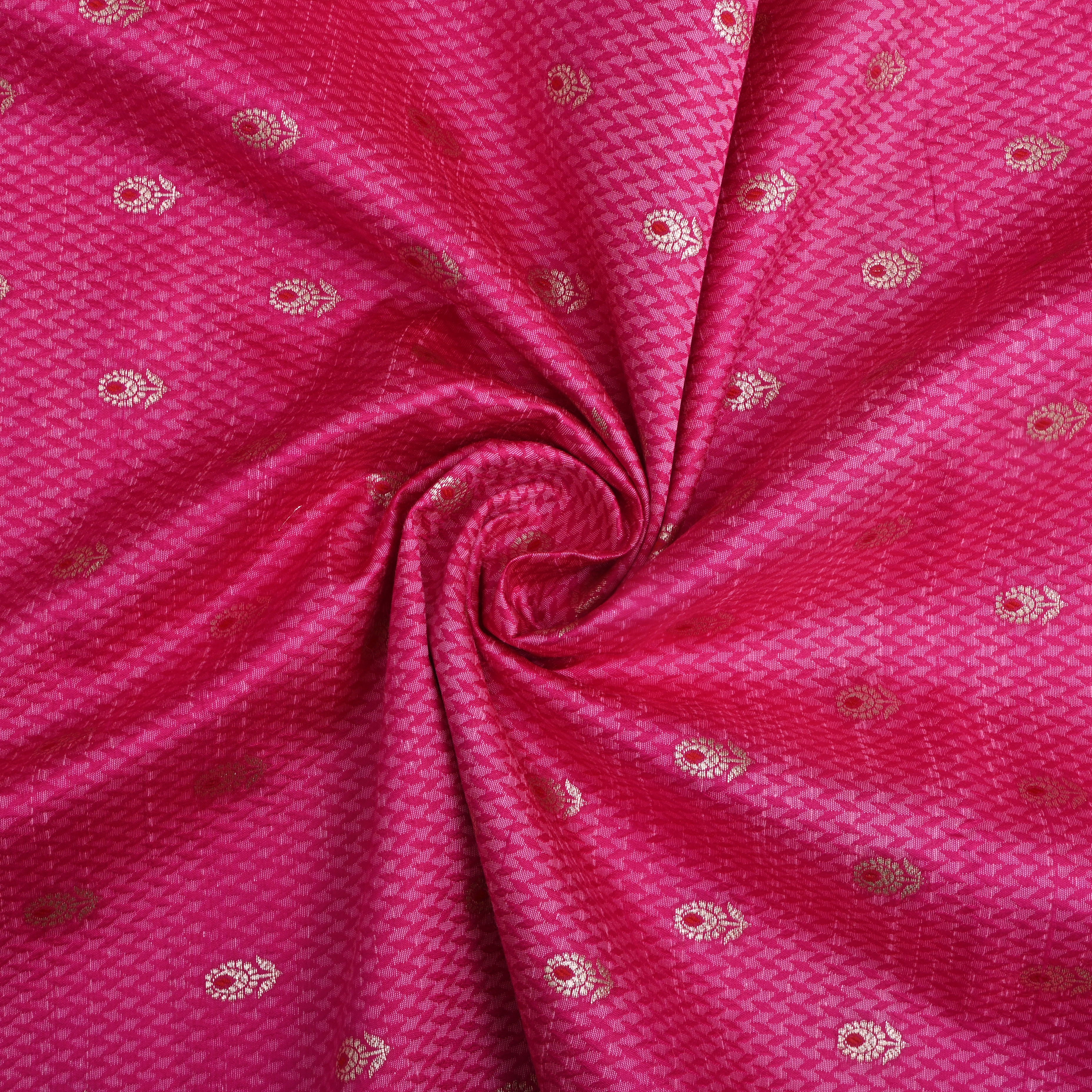 Bright Pink Floral Zari Silk Fabric