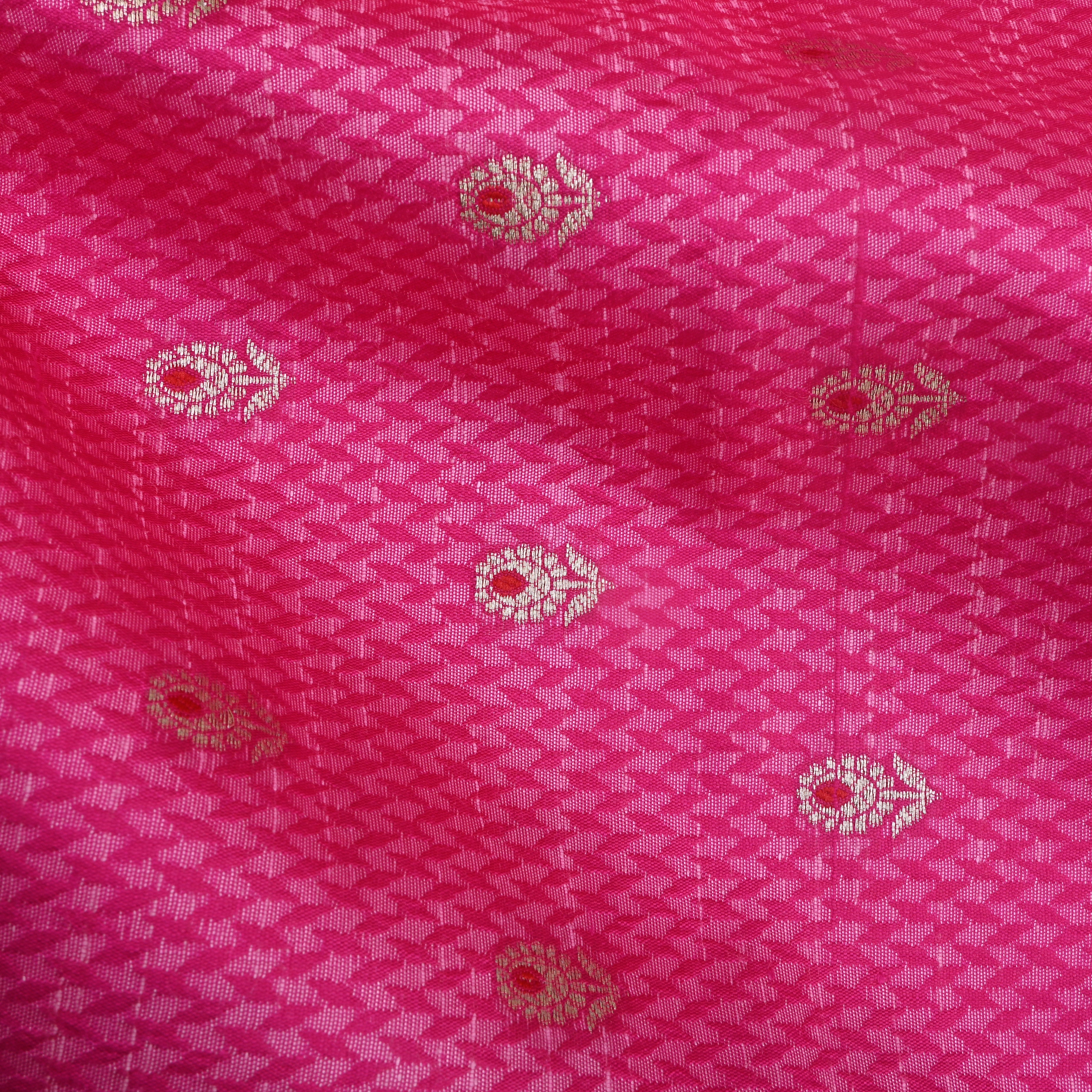 Bright Pink Floral Zari Silk Fabric