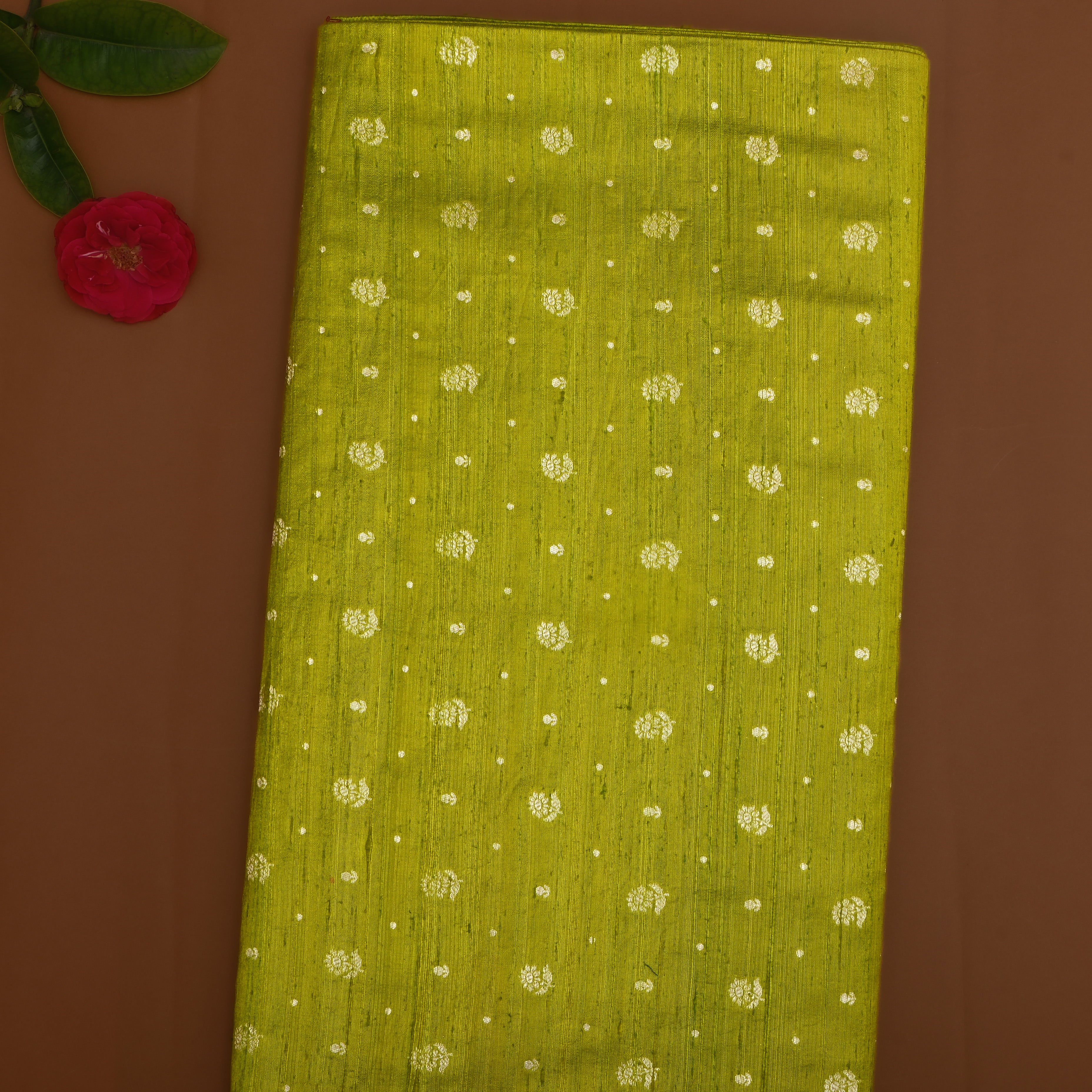 Chartreuse Green Floral Zari Dupion Silk Fabric