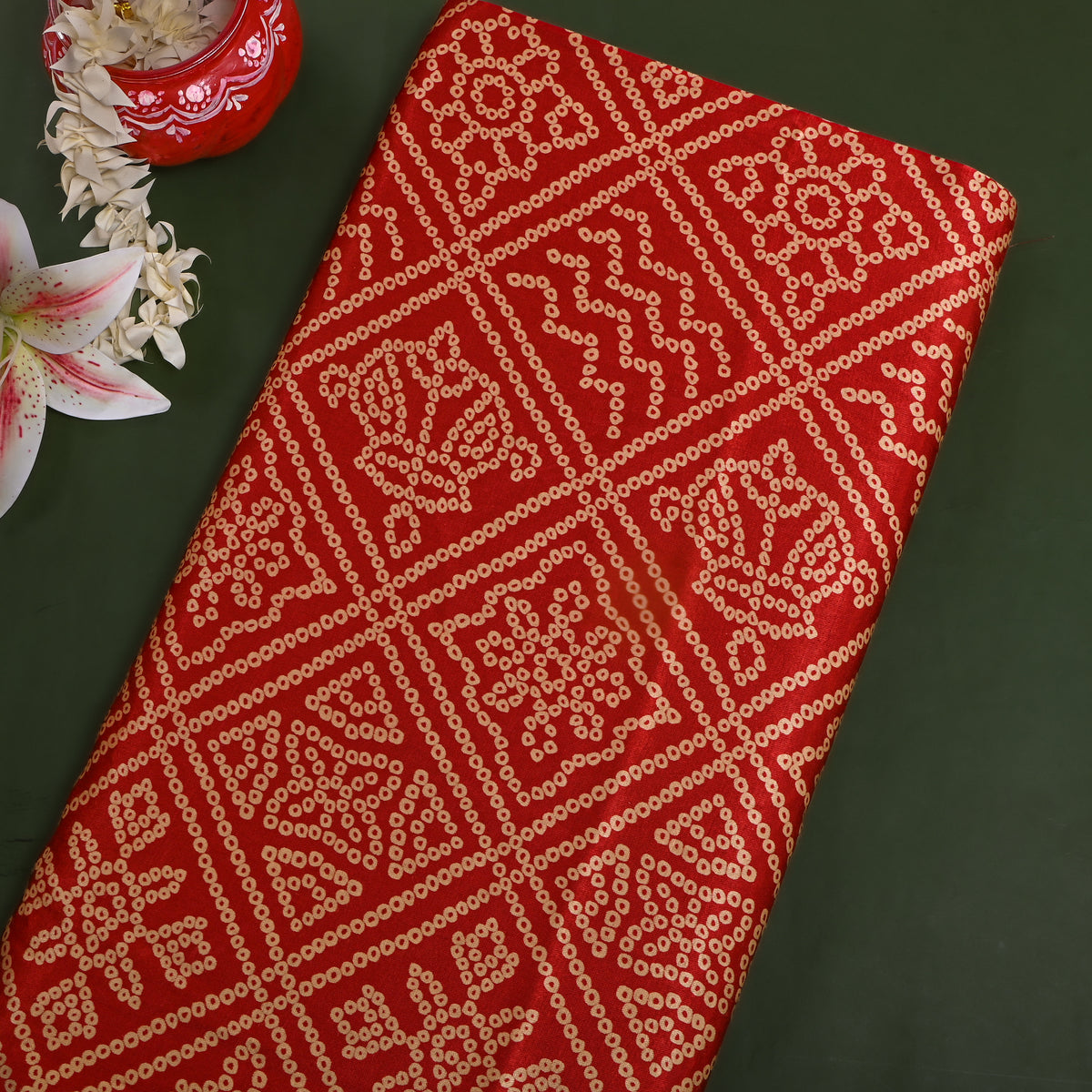 Cherry Red Bandhani Print Satin Fabric