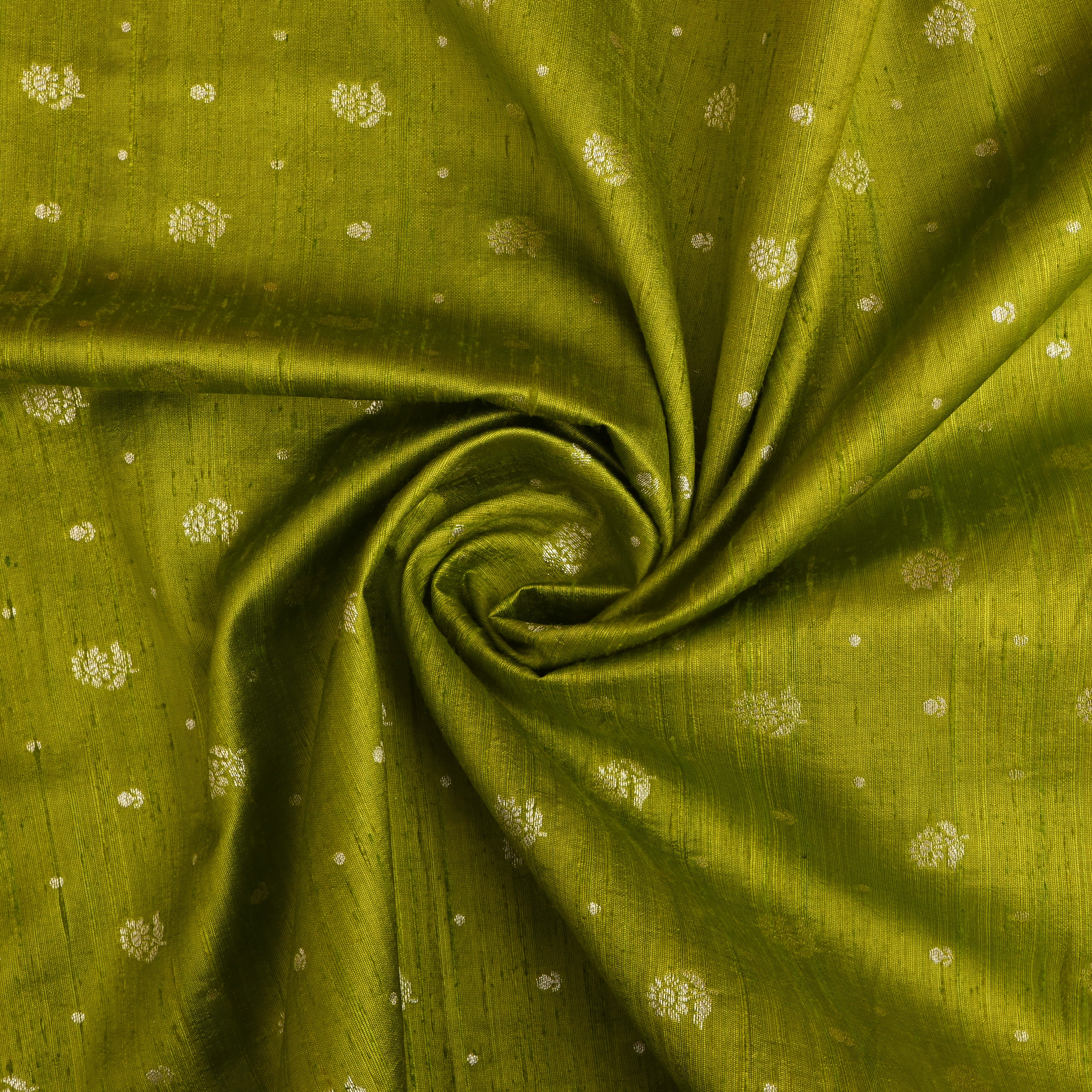 Chartreuse Green Floral Zari Dupion Silk Fabric