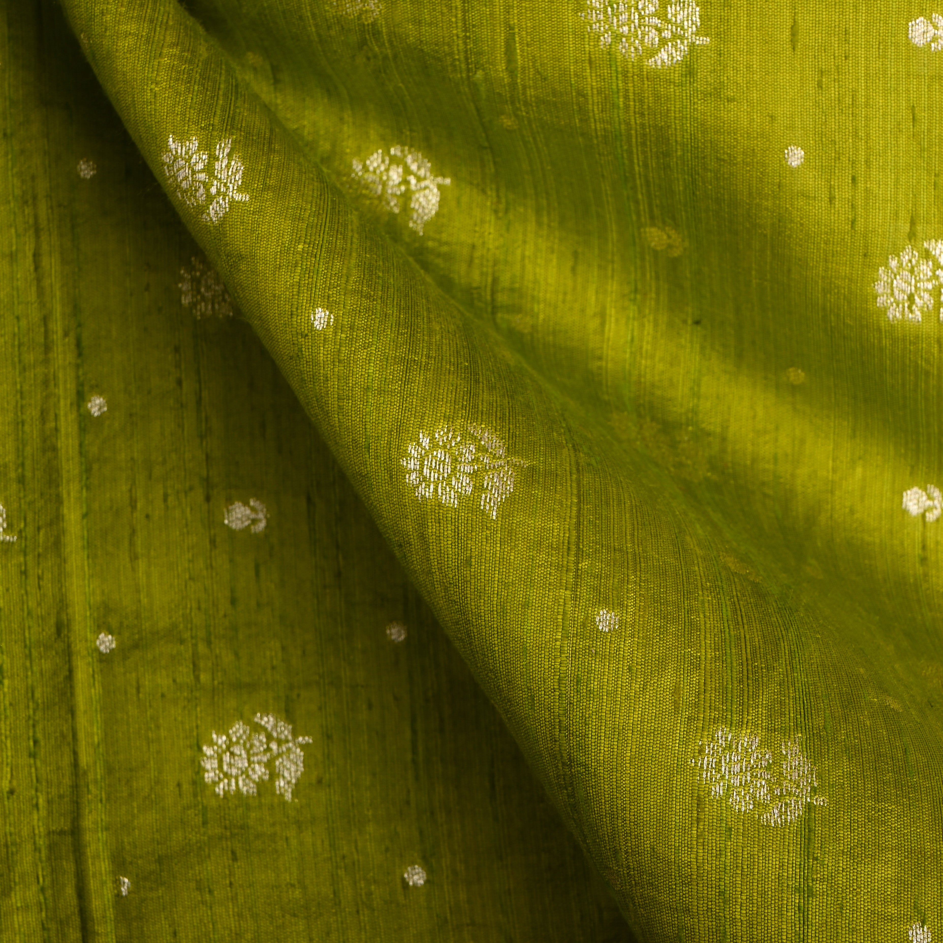 Chartreuse Green Floral Zari Dupion Silk Fabric