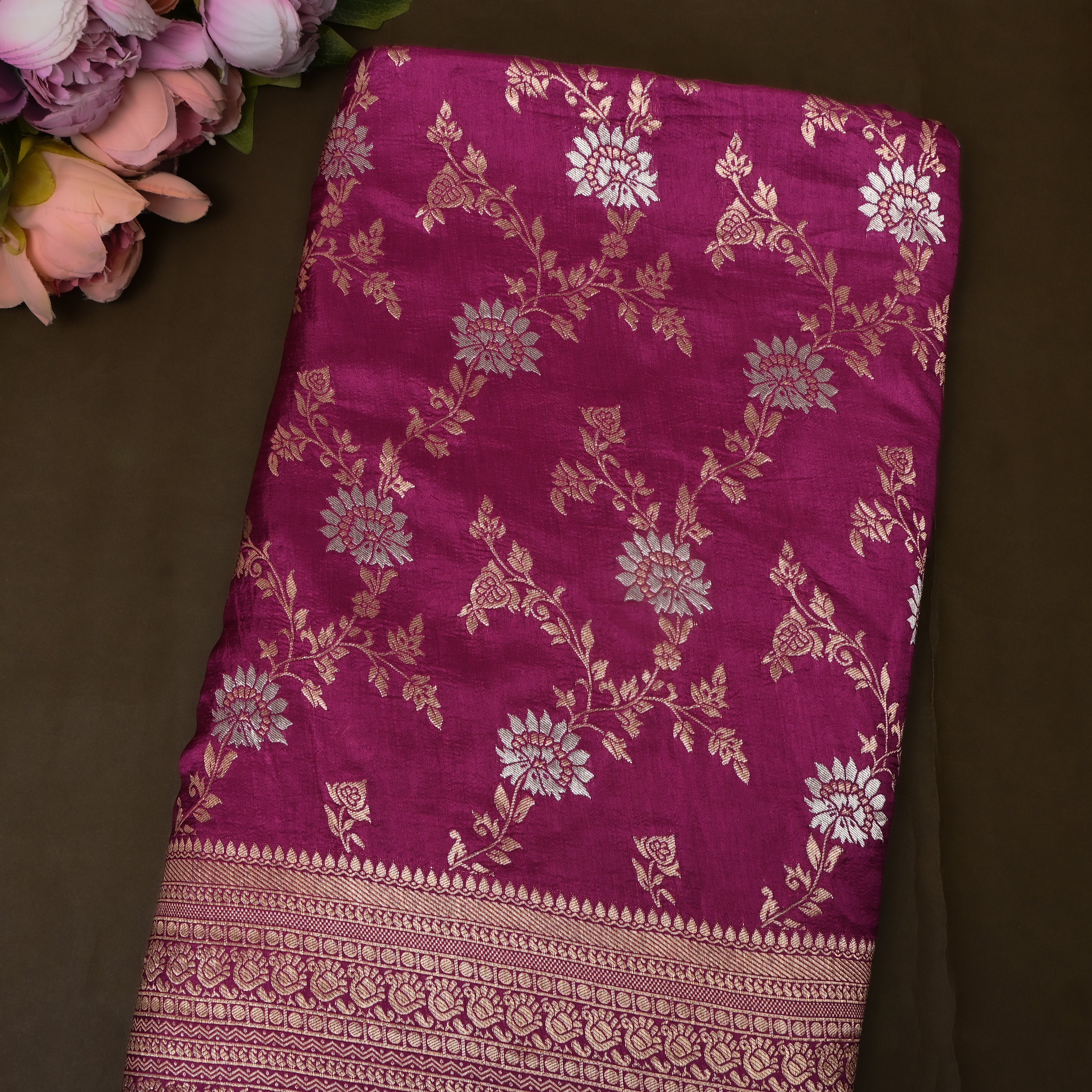 Wine Rose Floral Jamawar Silk