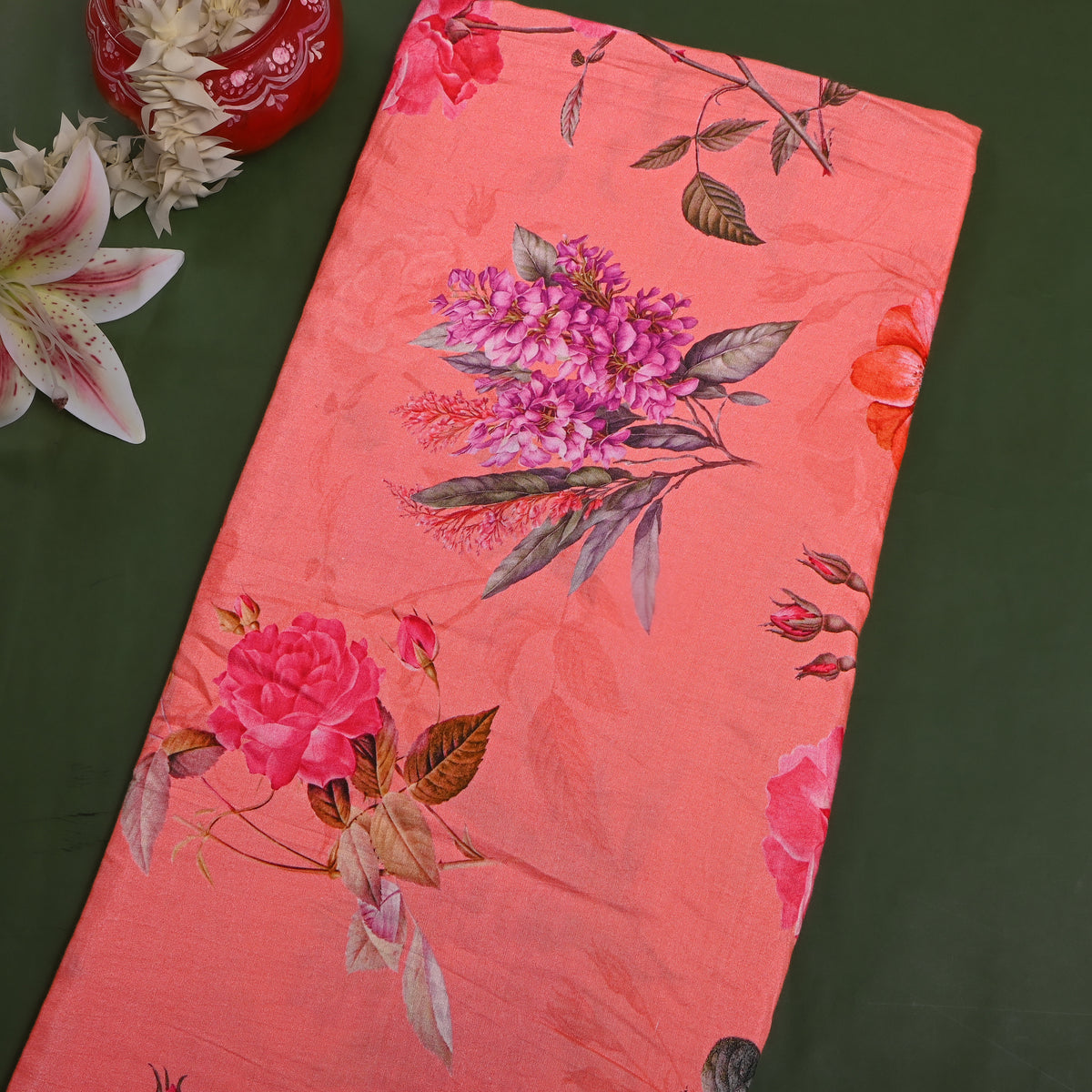 Coral Pink Lilac Bouquet Print Satin Fabric