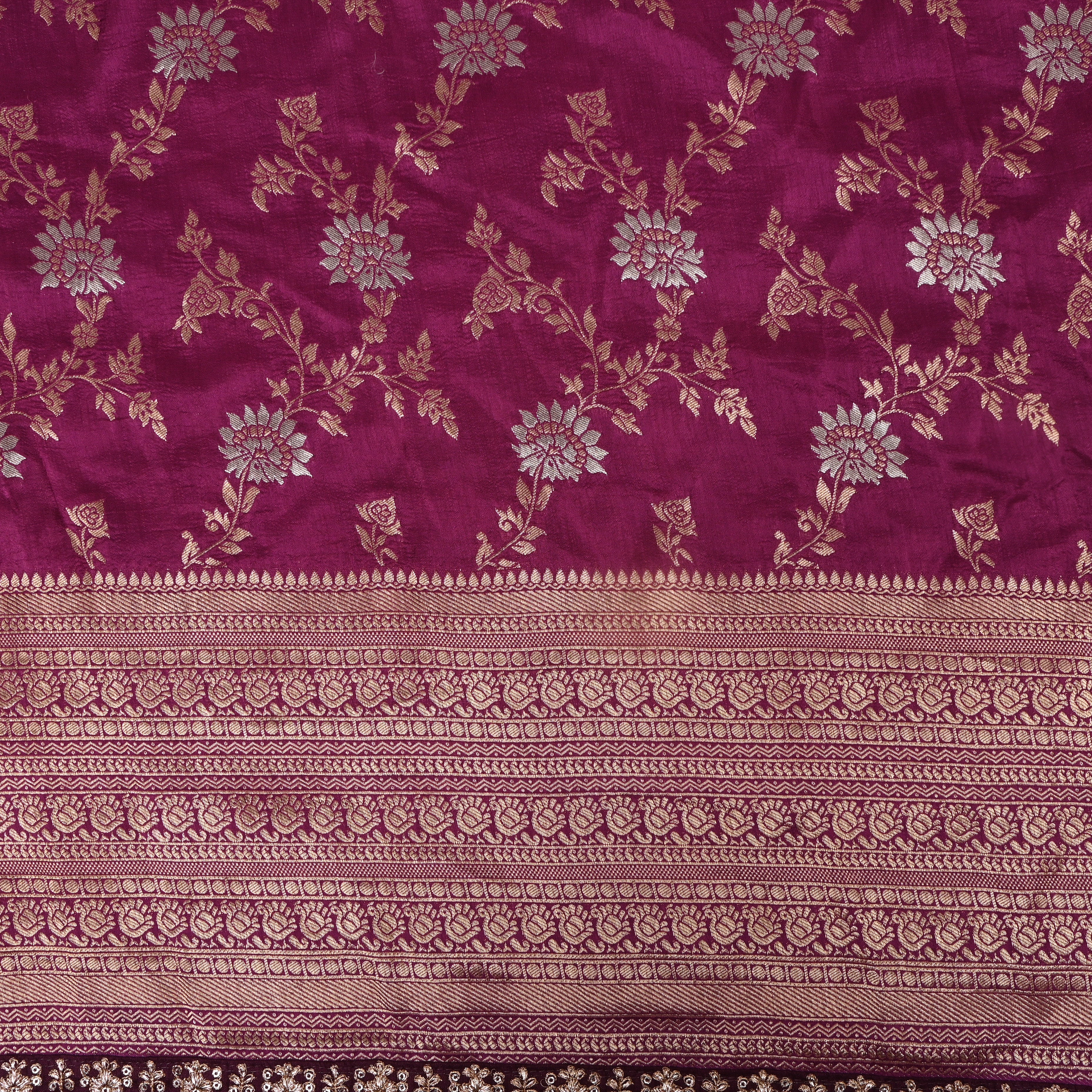 Wine Rose Floral Jamawar Silk