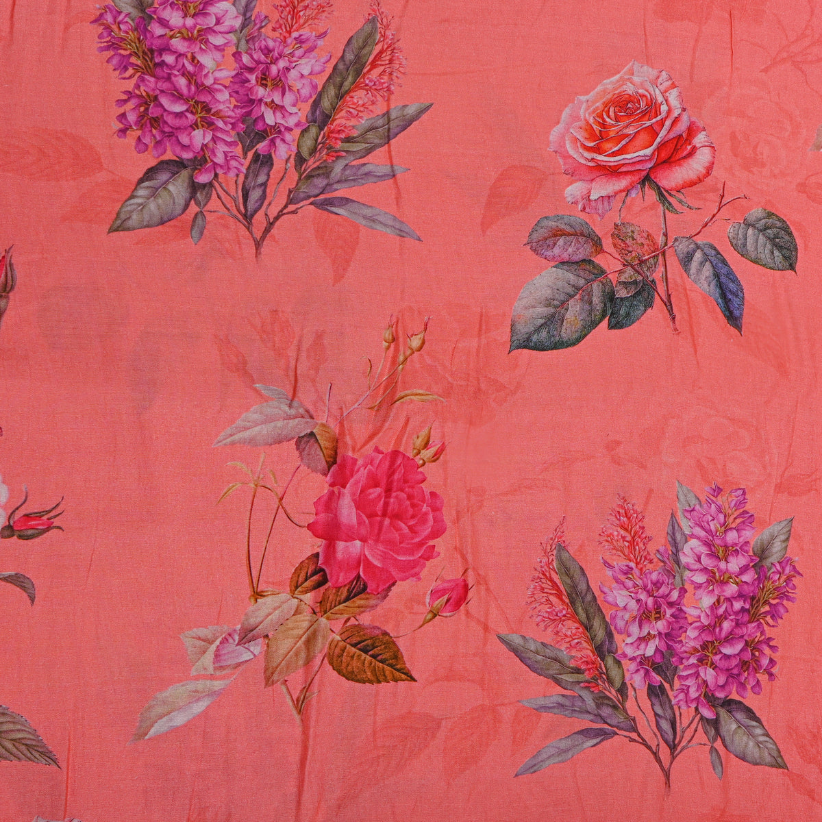 Coral Pink Lilac Bouquet Print Satin Fabric