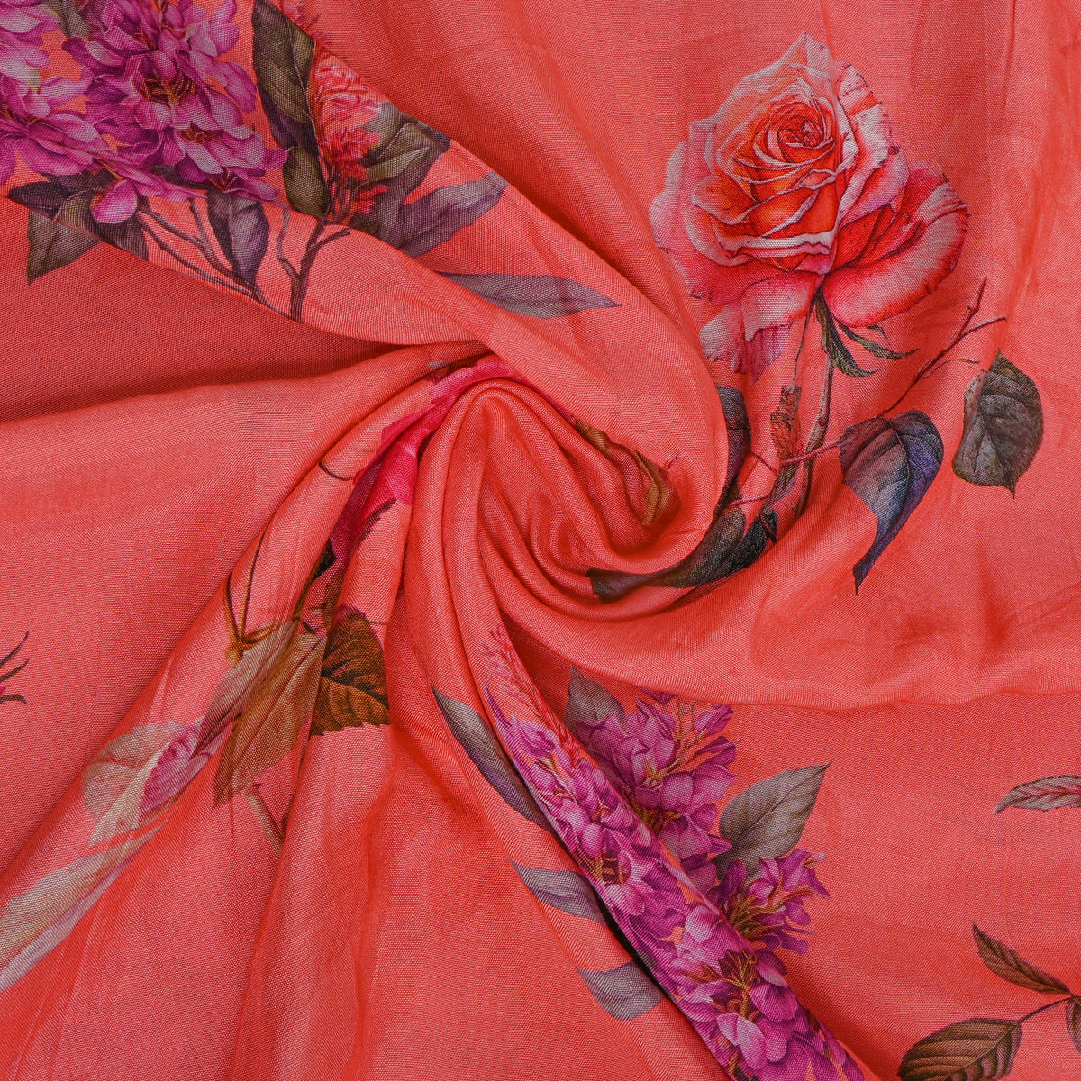 Coral Pink Lilac Bouquet Print Satin Fabric