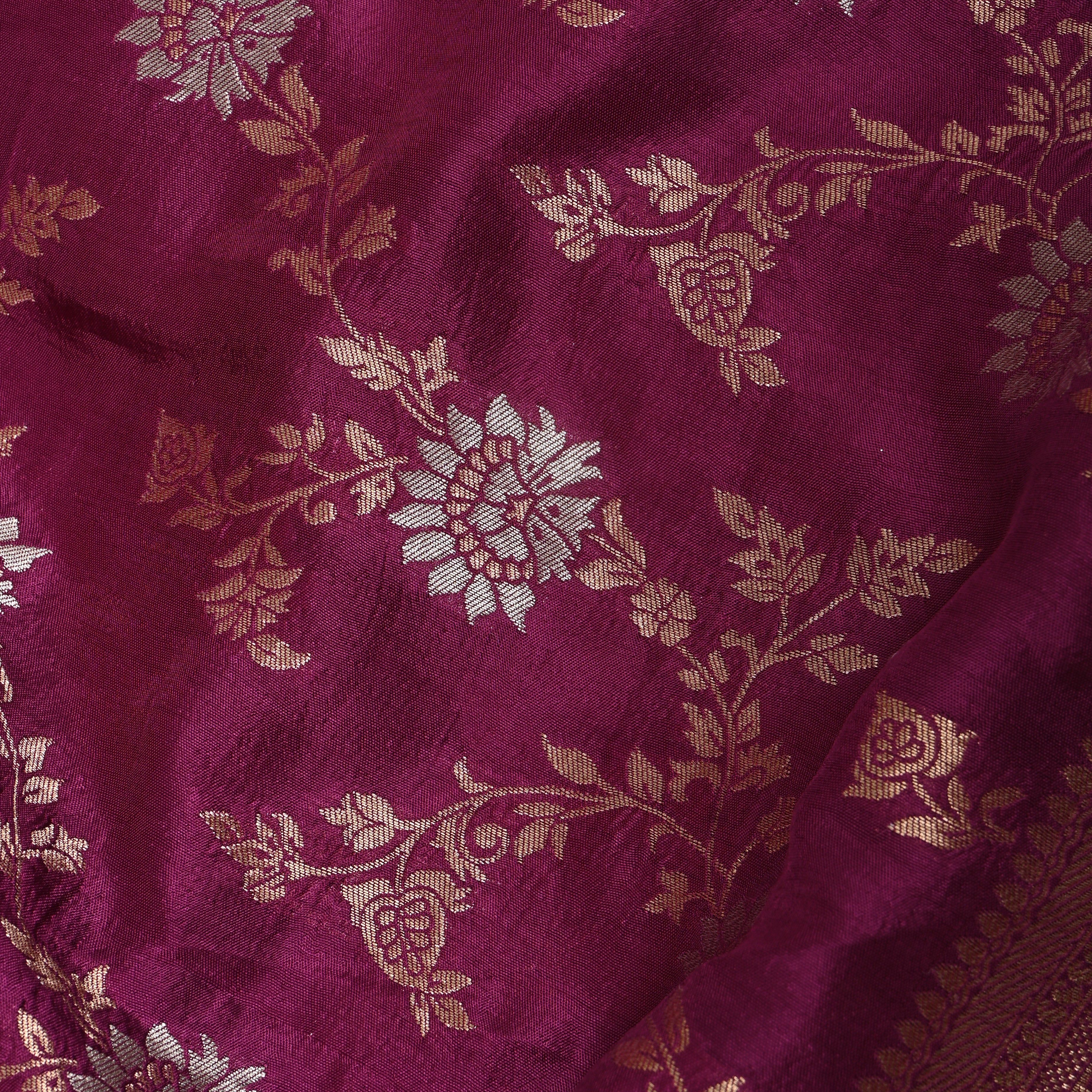 Wine Rose Floral Jamawar Silk