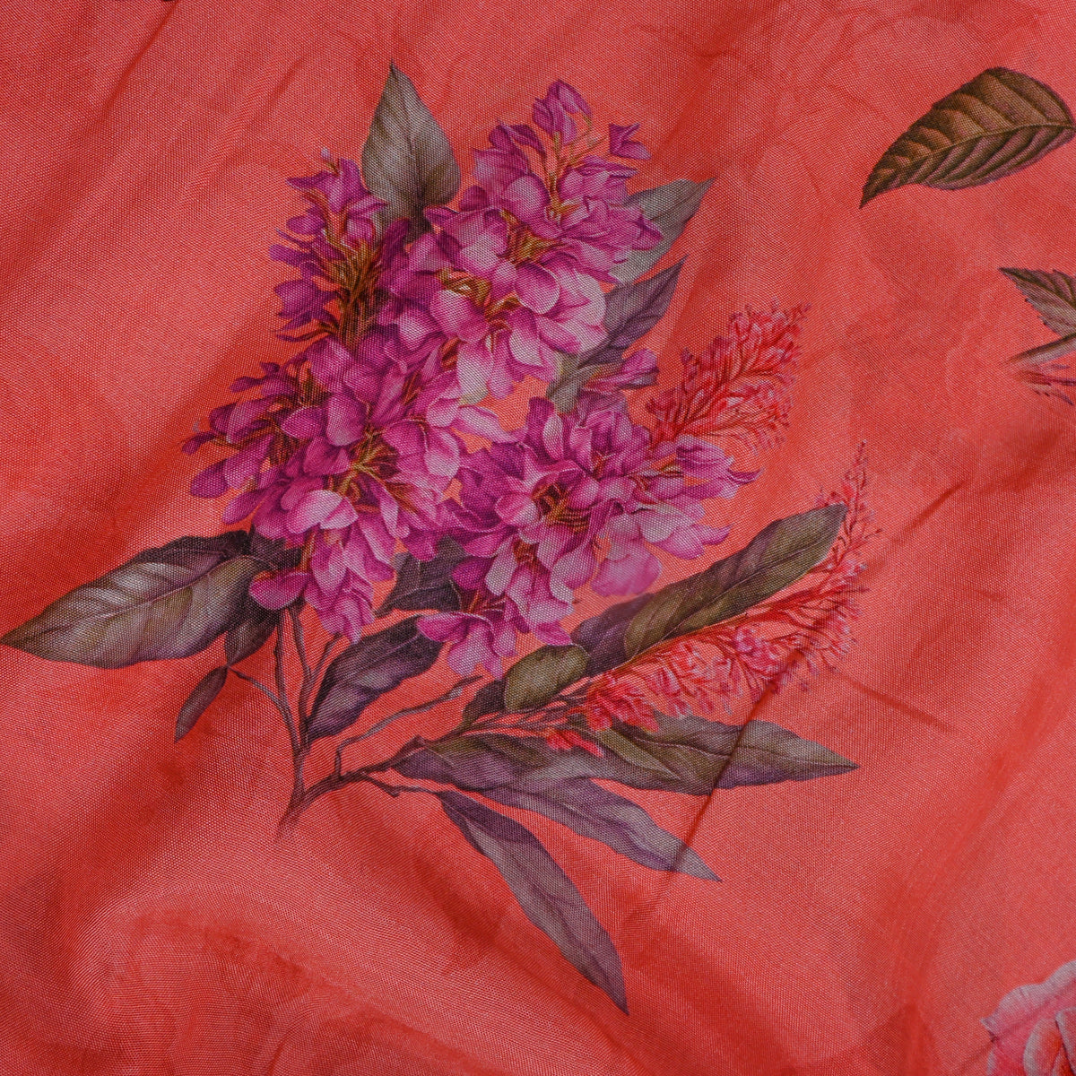 Coral Pink Lilac Bouquet Print Satin Fabric