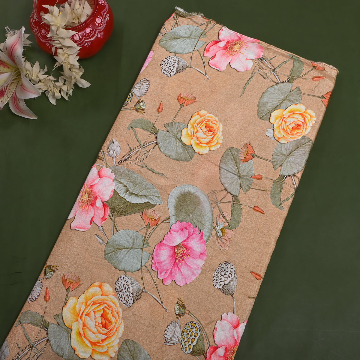 Biscuit Beige Lotus Floral Print Satin Fabric